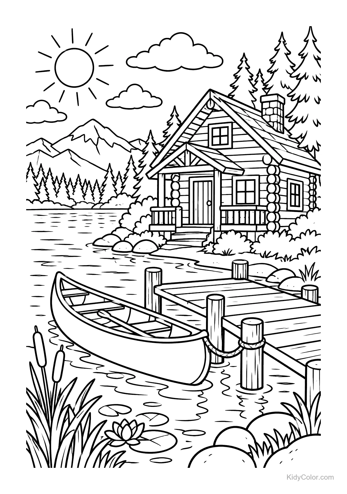 A cabin by a lake with a canoe, dock, and mountain backdrop.