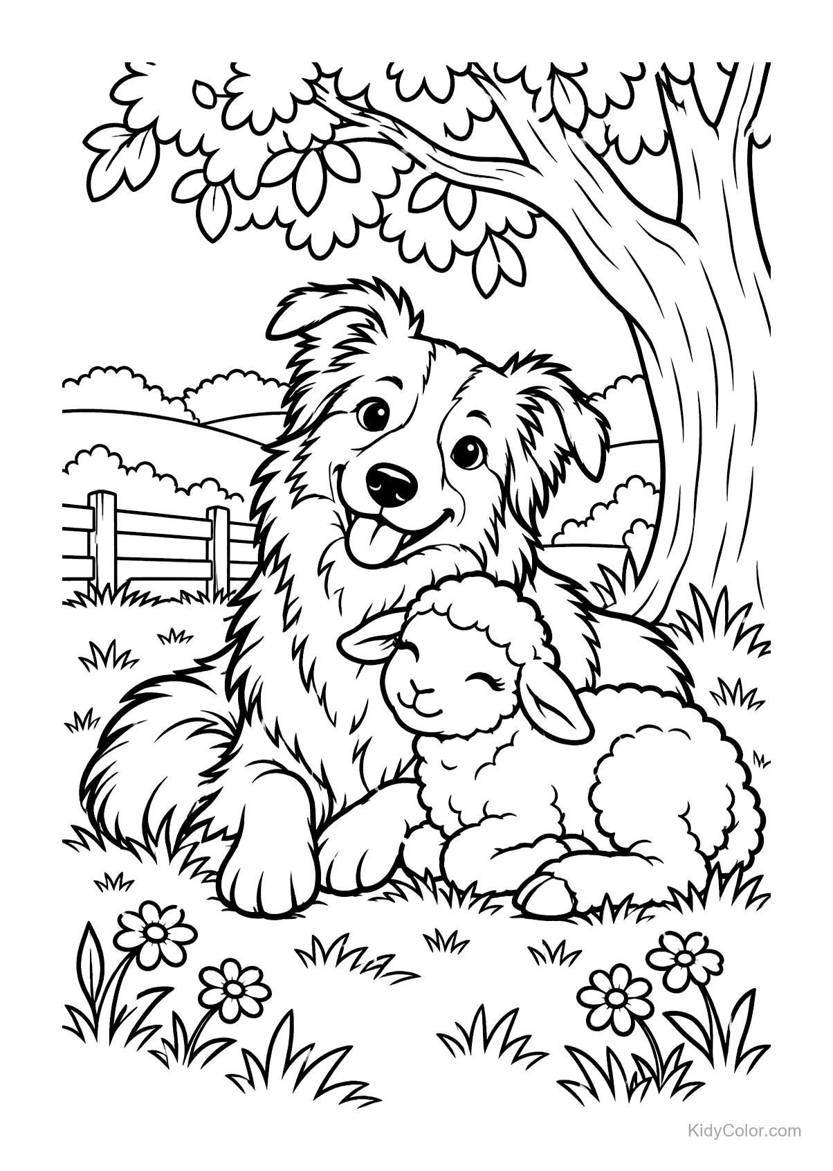 A lamb and a collie resting under a tree in a field.
