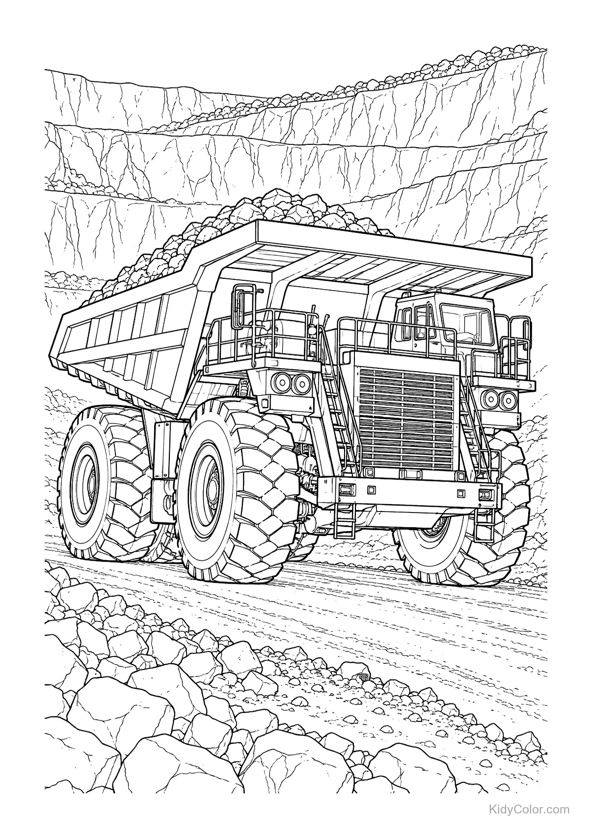 Large dump truck filled with rocks in a quarry setting.