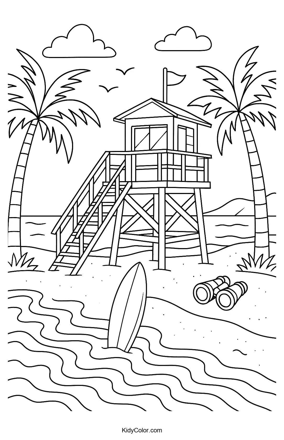 Coloring page of a lifeguard tower on the beach