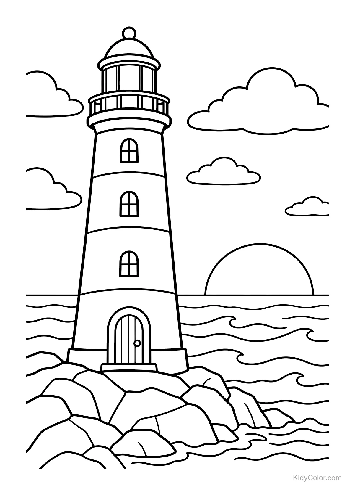 Faro su scogliere accanto al mare con tramonto sullo sfondo.