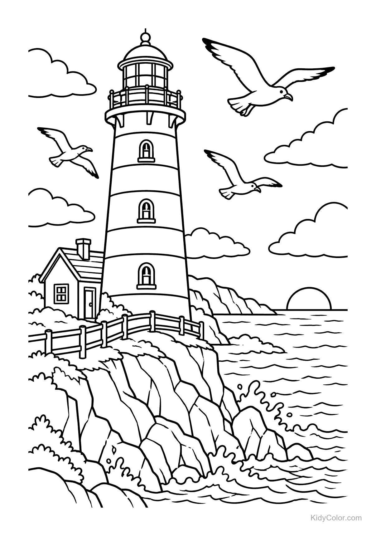 A lighthouse stands on cliffs by the sea with seagulls flying.