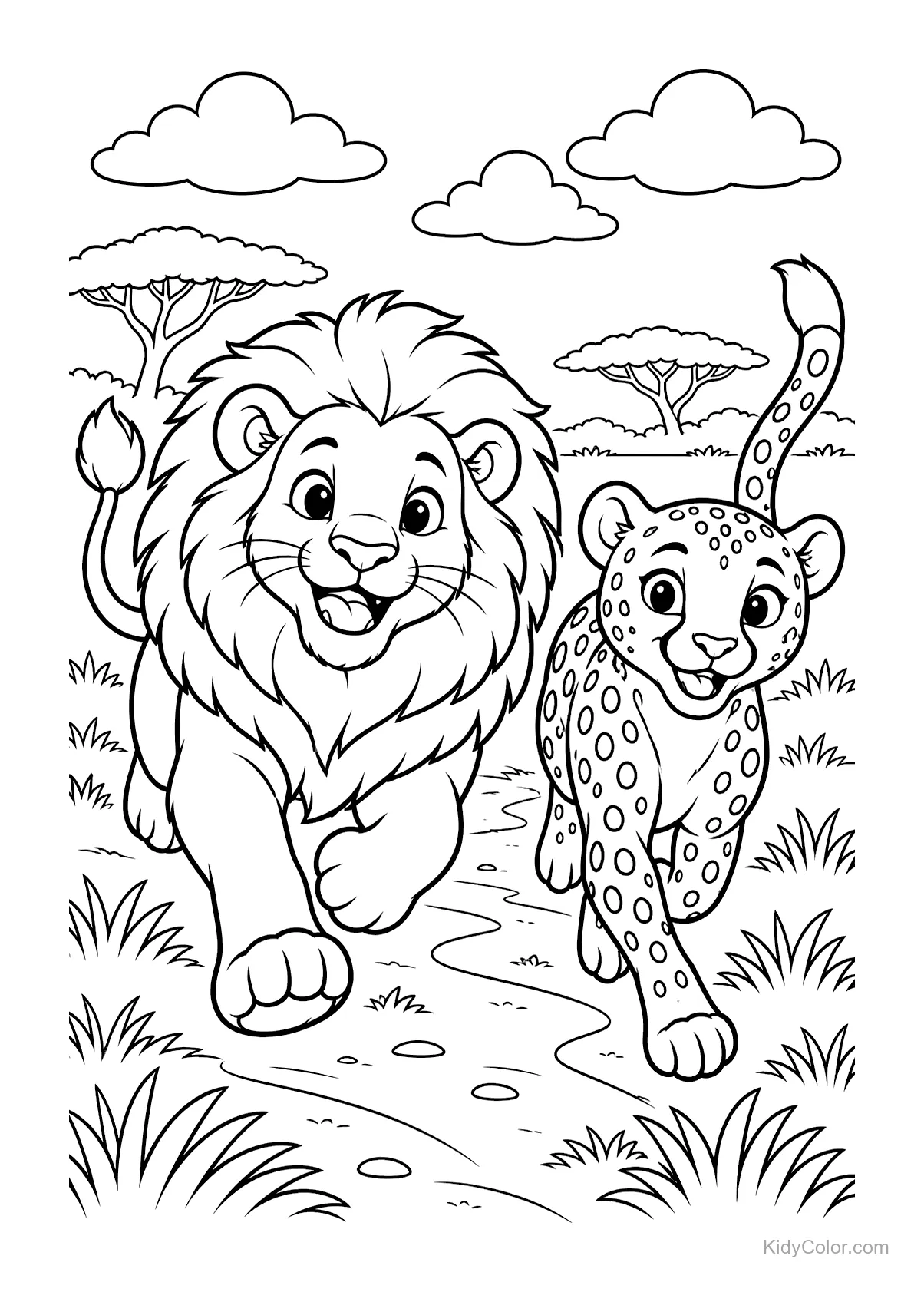 Löwe und Gepard rennen zusammen in einer Safari-Landschaft.