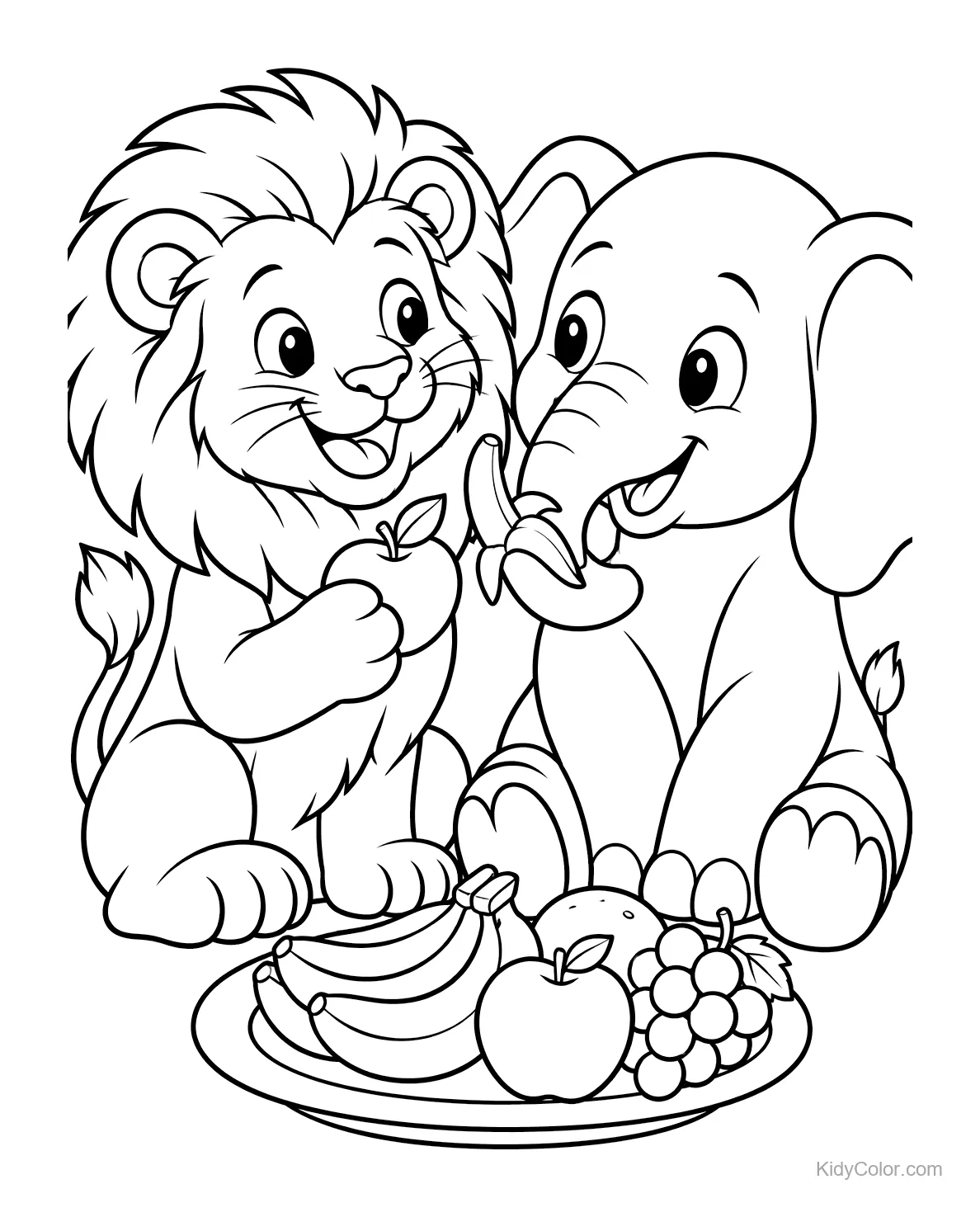Ein Löwe und ein Elefant teilen fröhlich Obst von einem Teller.