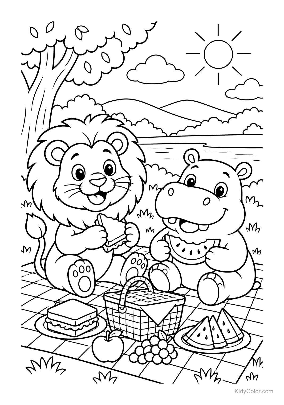 Löwe und Nilpferd machen ein Picknick am See mit Sandwiches und Melone.