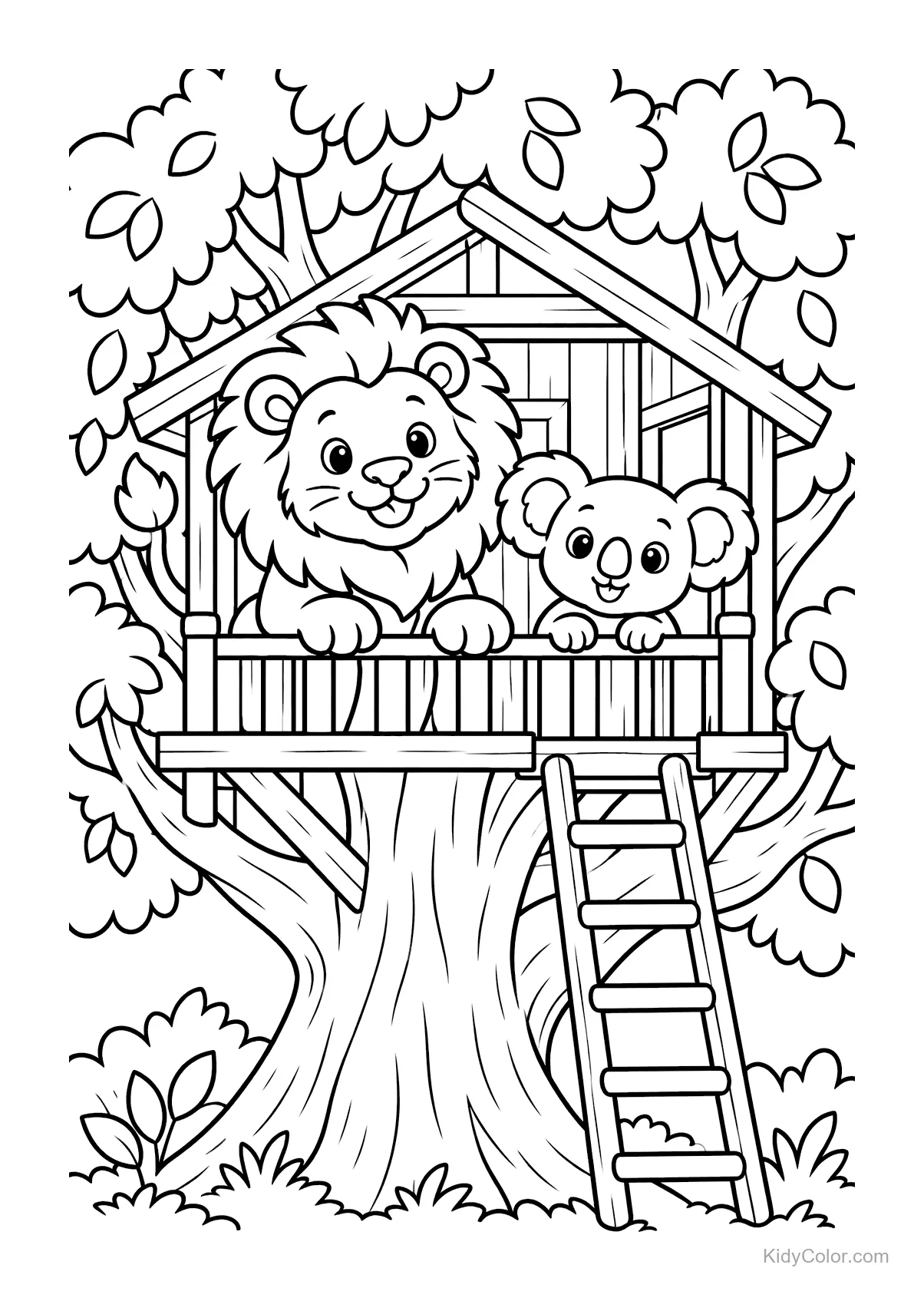 Lew i koala w domku na drzewie z drabiną na pniu drzewa.