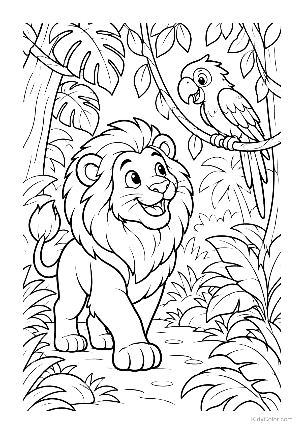 Lion marchant dans la jungle avec un perroquet sur une branche.