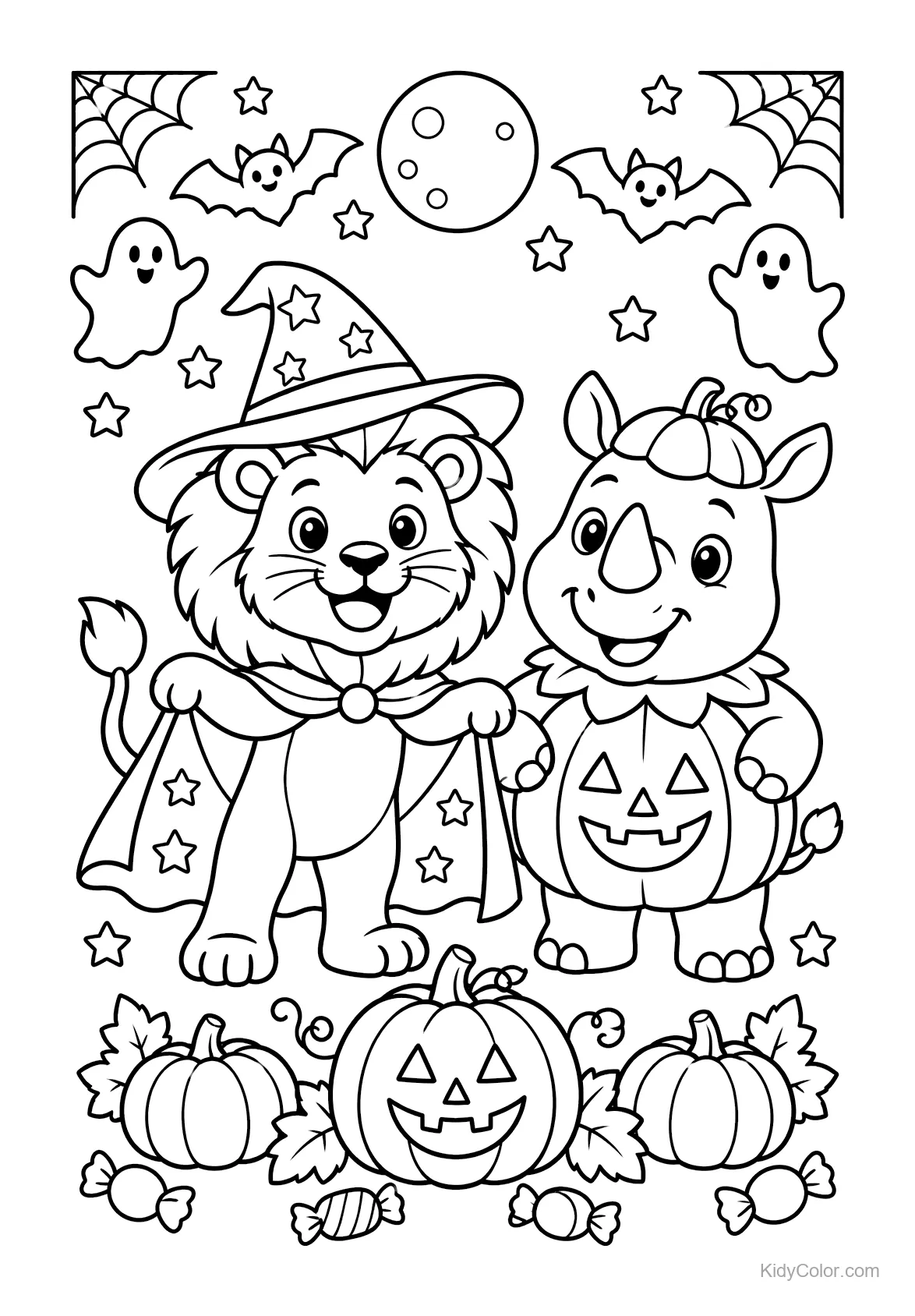 Löwe mit Hexenhut und Nashorn im Kürbiskostüm mit Halloween-Deko.