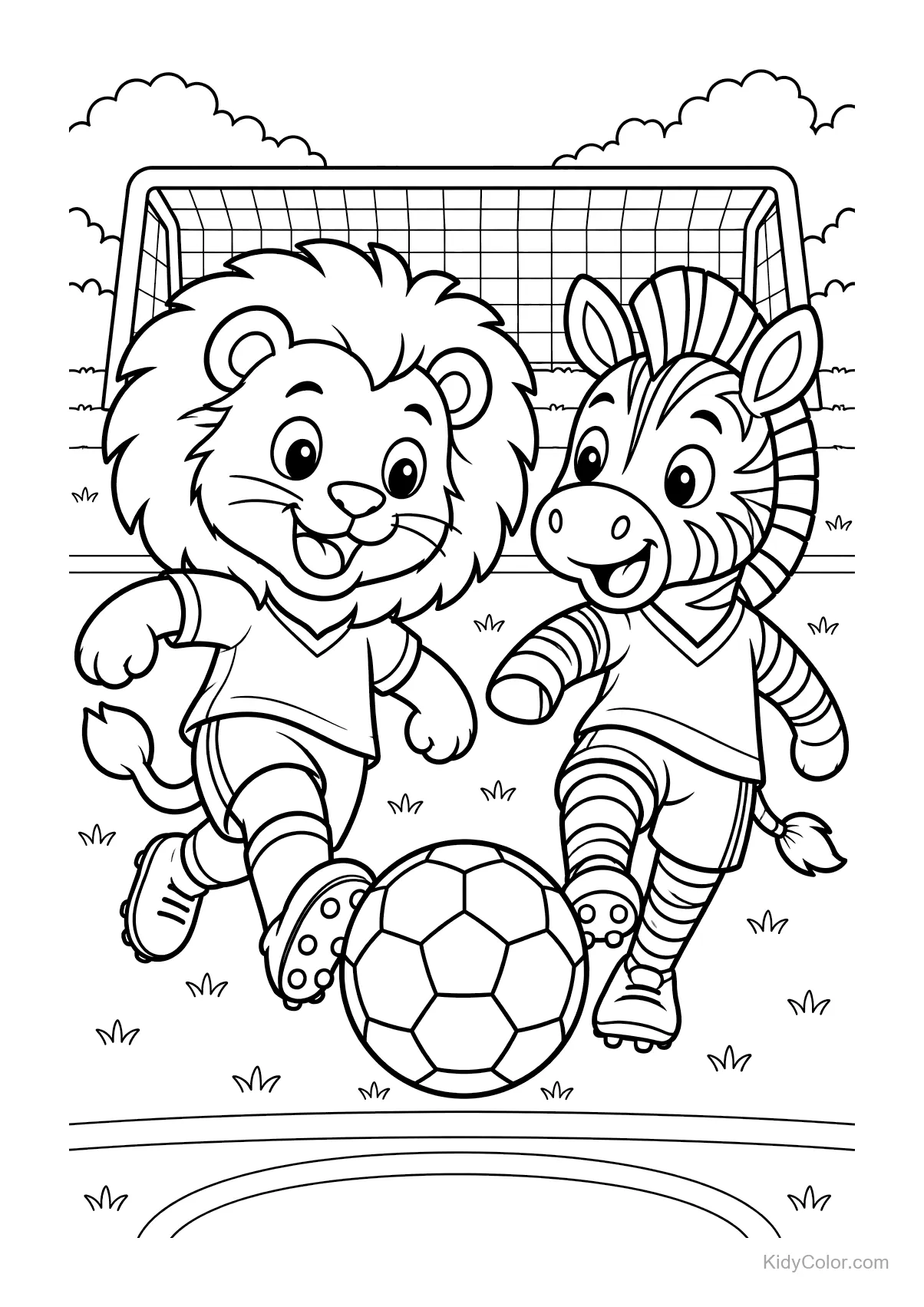 Lion and zebra play soccer near a goalpost.