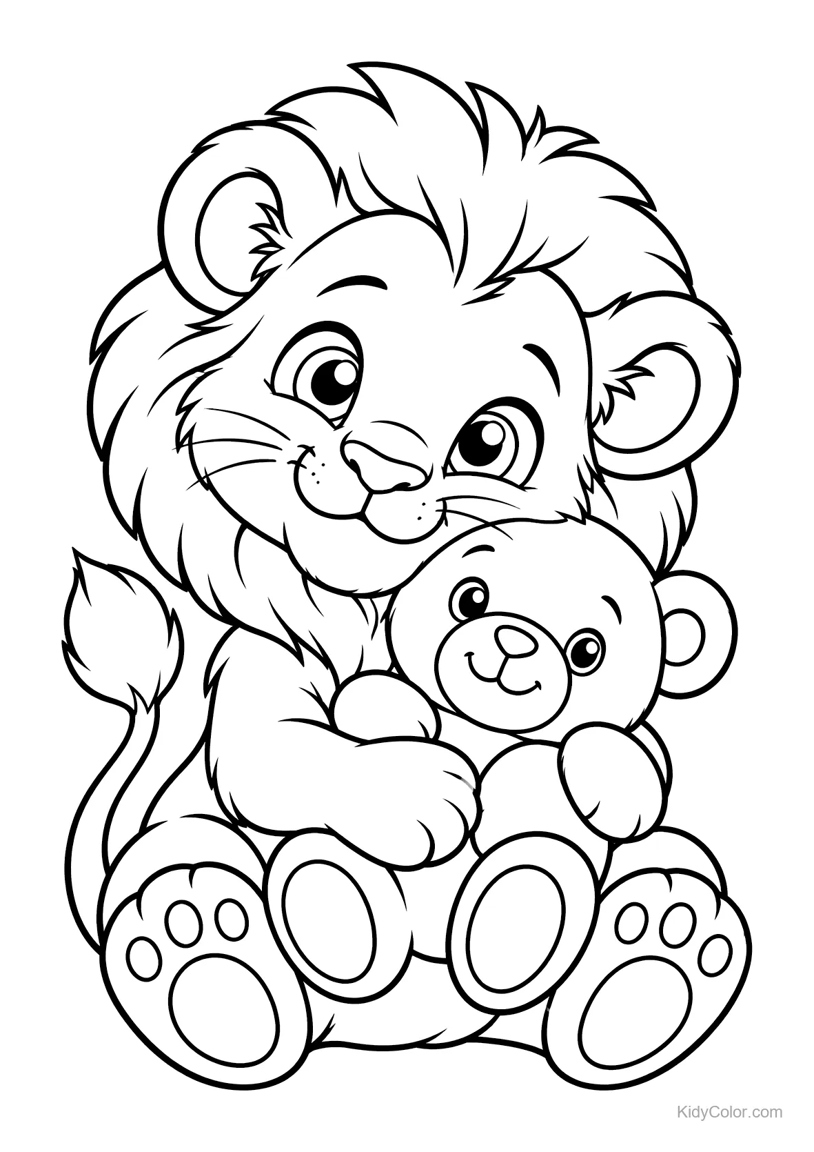 Löwenjunges umarmt einen Teddybär in niedlicher Pose.