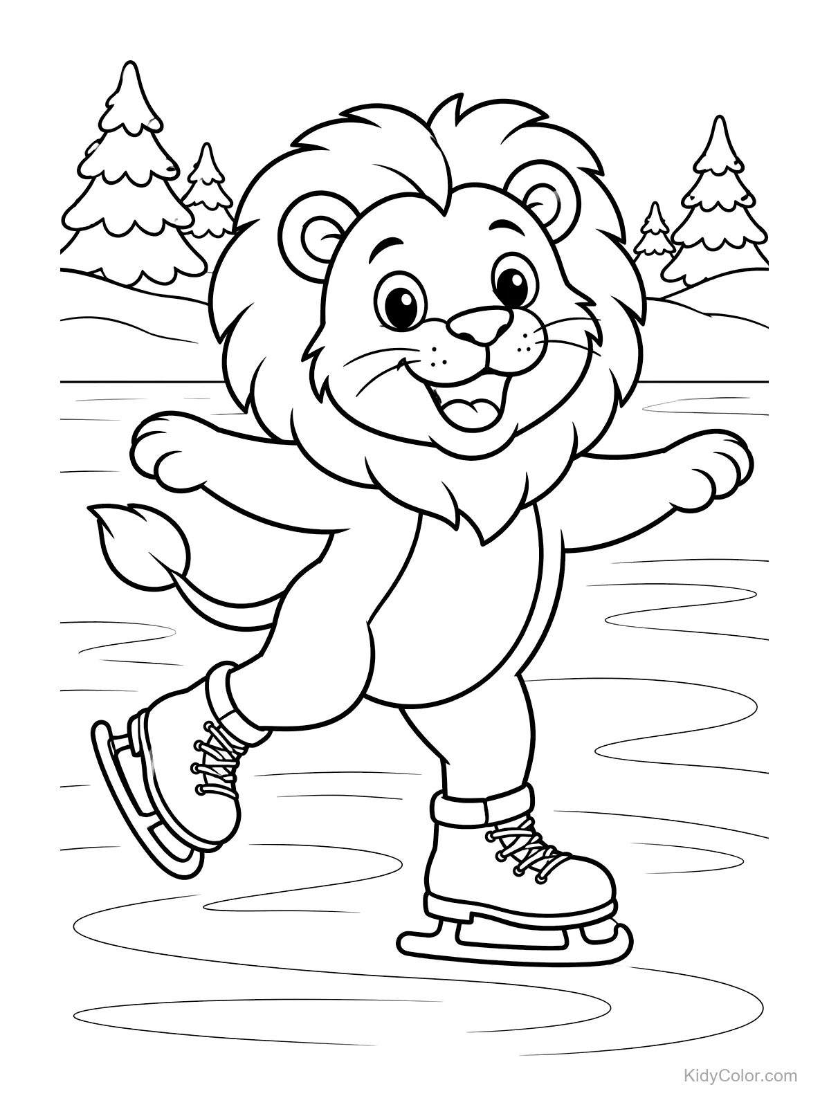 Un lion patine avec un grand sourire, des arbres en arrière-plan.
