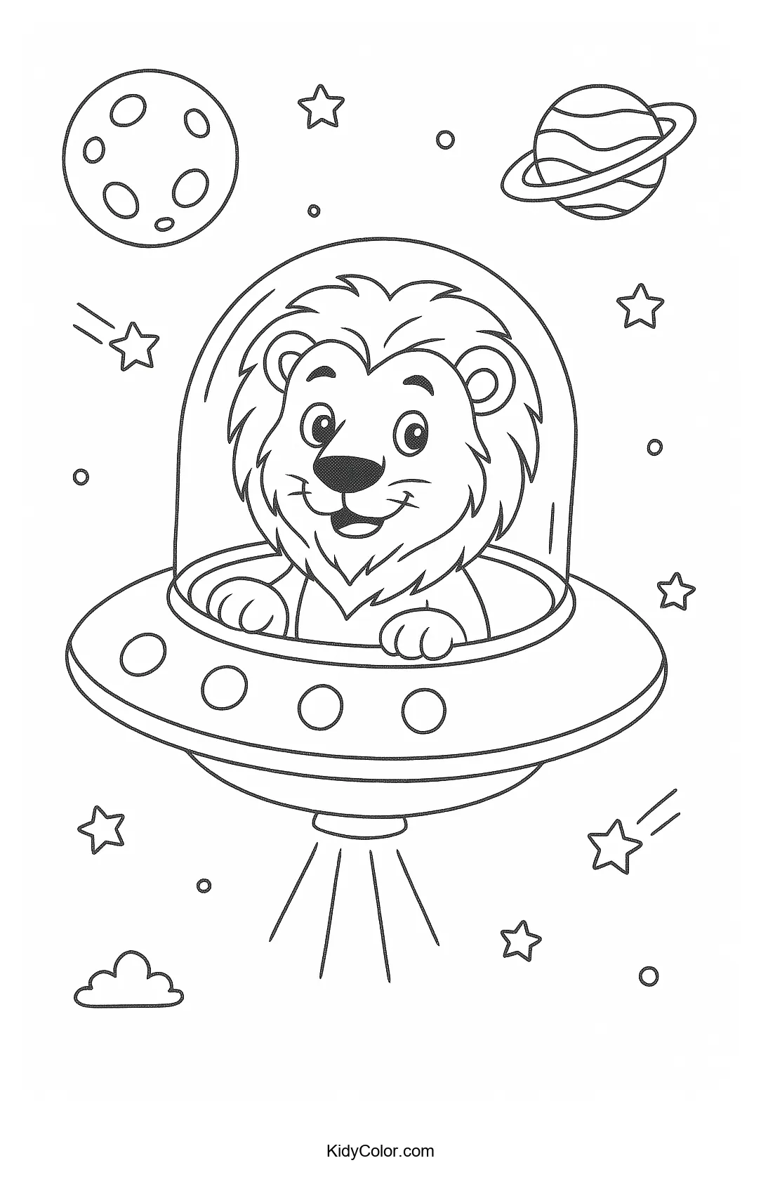 Lion astronaut floating in space with stars