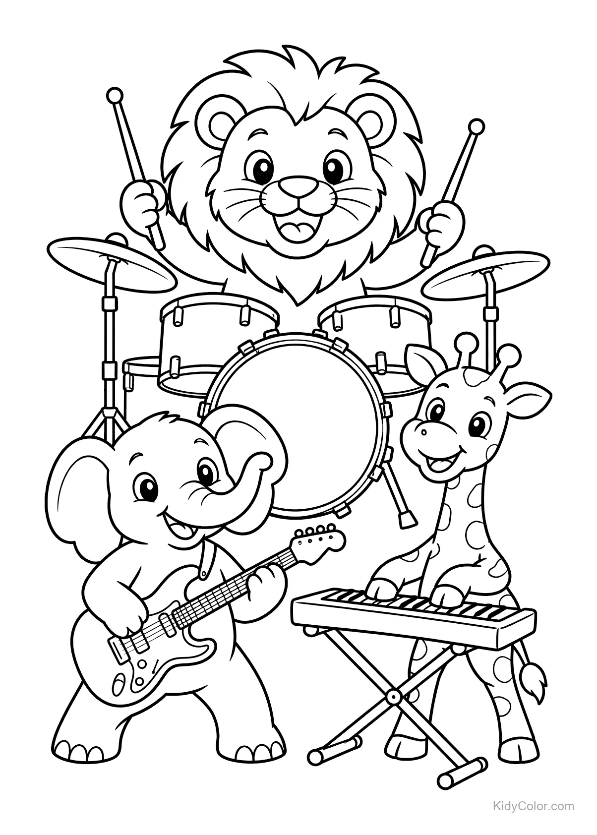 Lion playing drums, elephant with a guitar, and giraffe with a keyboard.