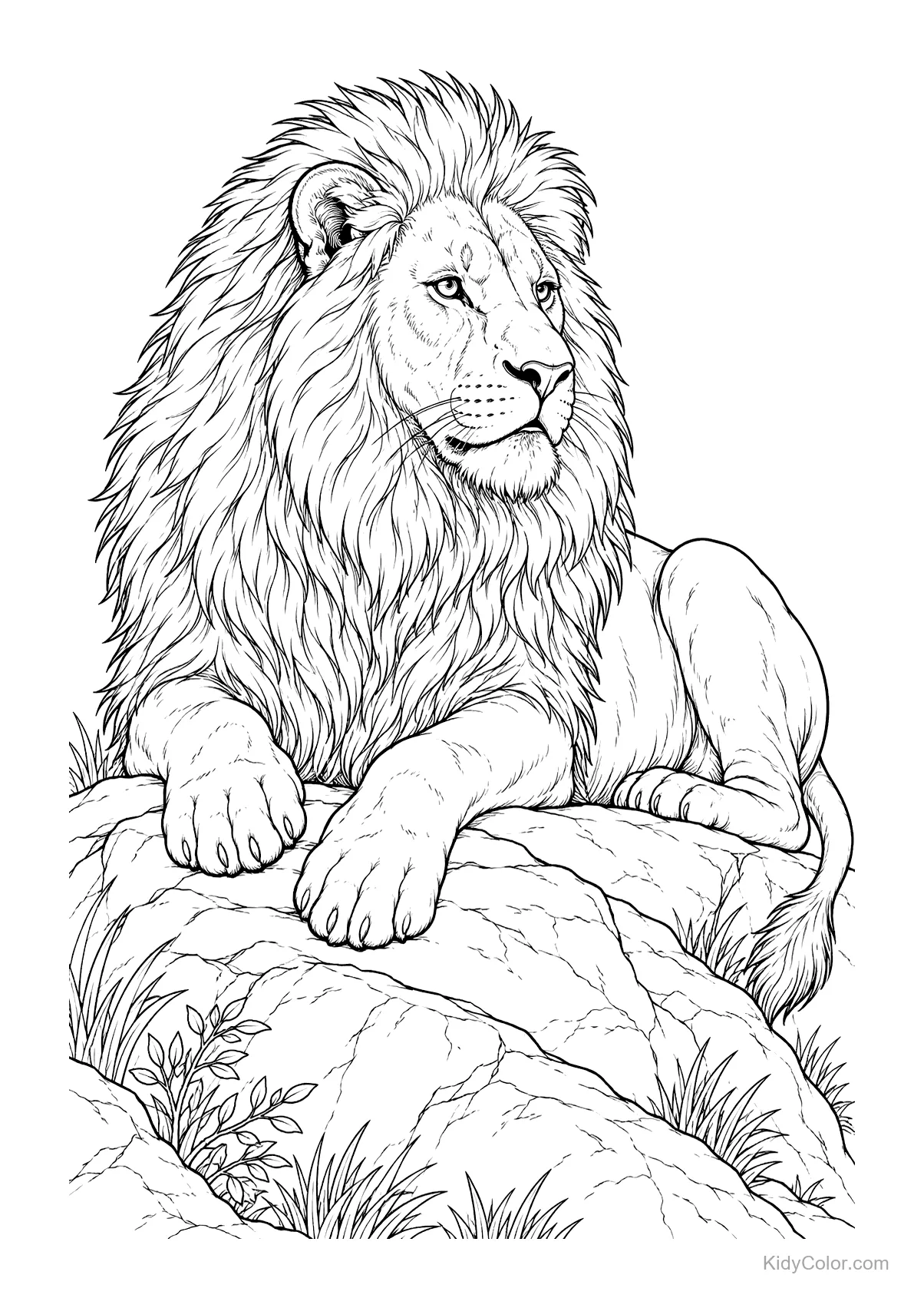 Lion resting on a rocky outcrop with detailed mane and paws.