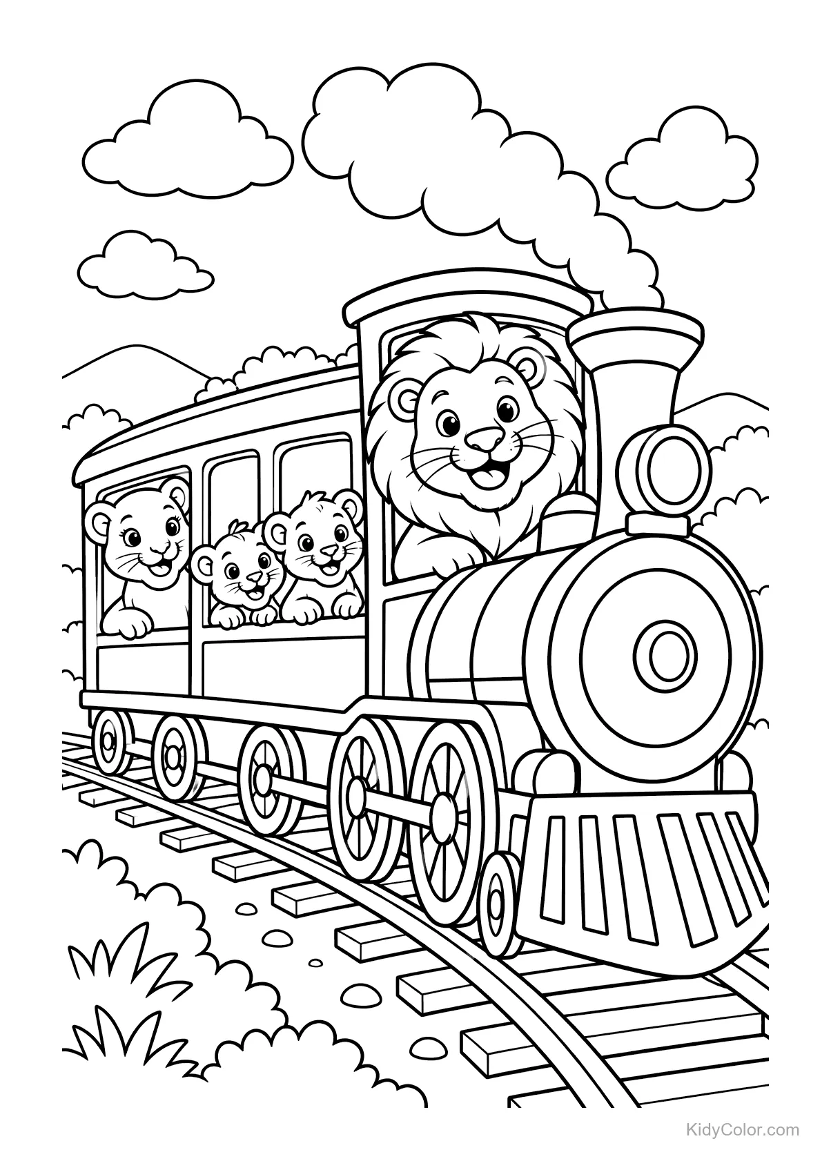 Famille de lions dans un train, père lion avec lionceaux.