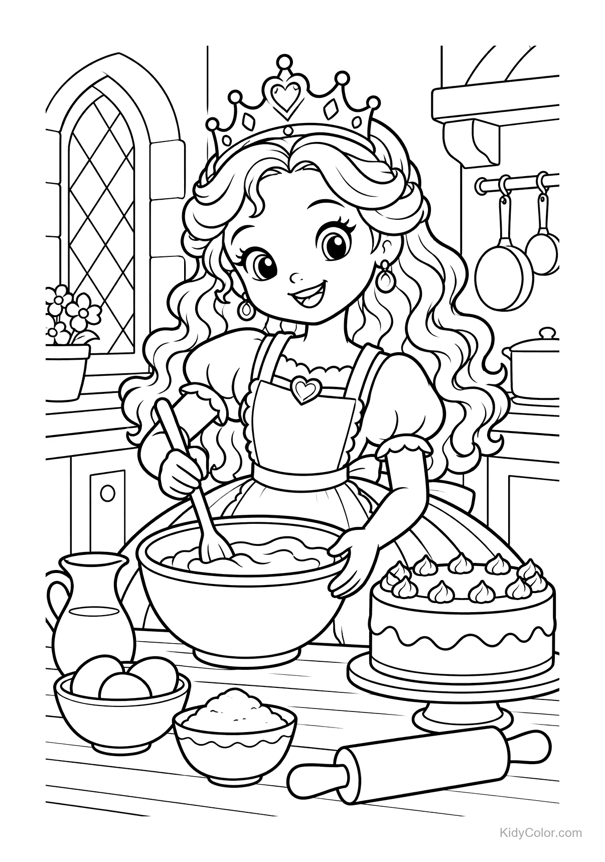 Little princess mixing cake batter in a kitchen.