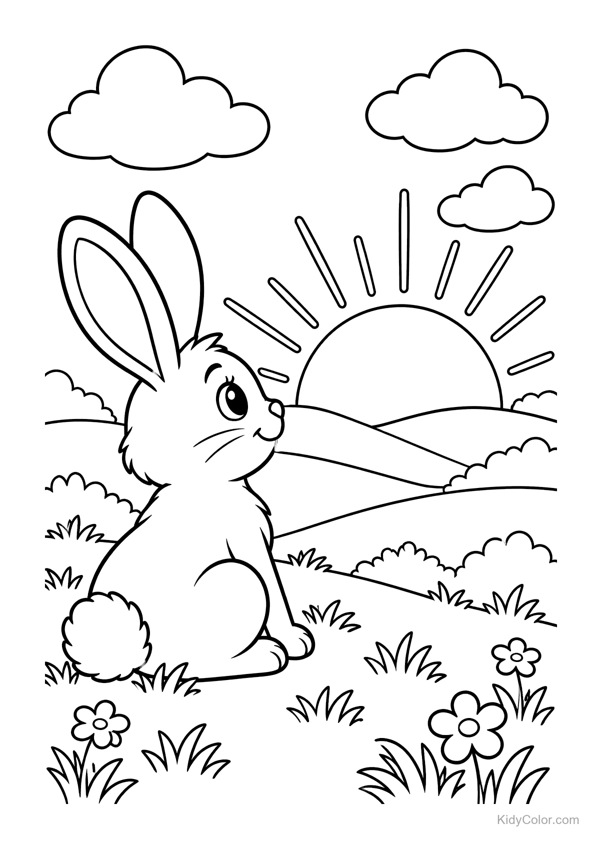 Un petit lapin assis regarde le lever du soleil avec collines, nuages et fleurs.