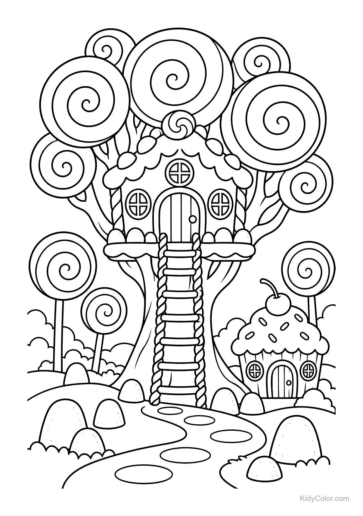 Casetta sull'albero di lecca lecca con sentiero di caramelle e piccola casa di dolci.