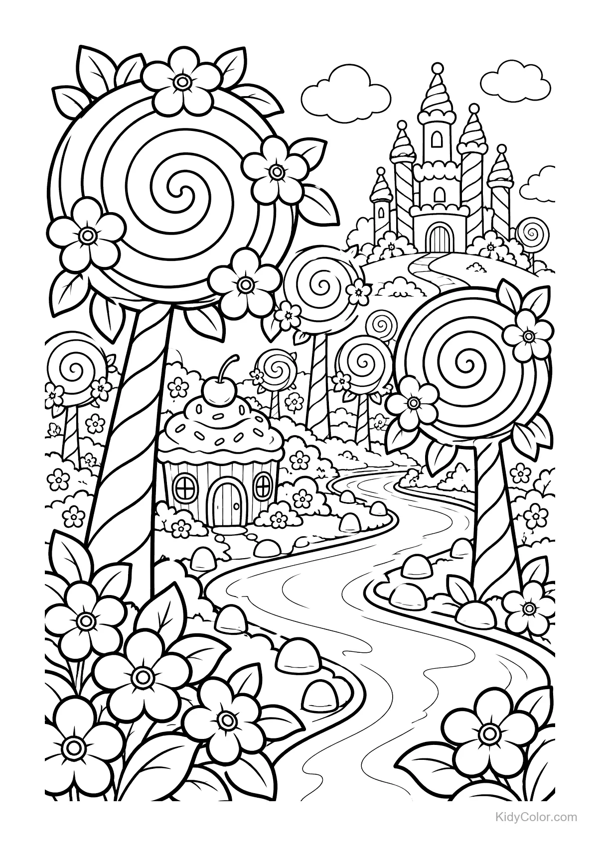 Foresta di alberi di lecca-lecca con castello di caramelle sullo sfondo.