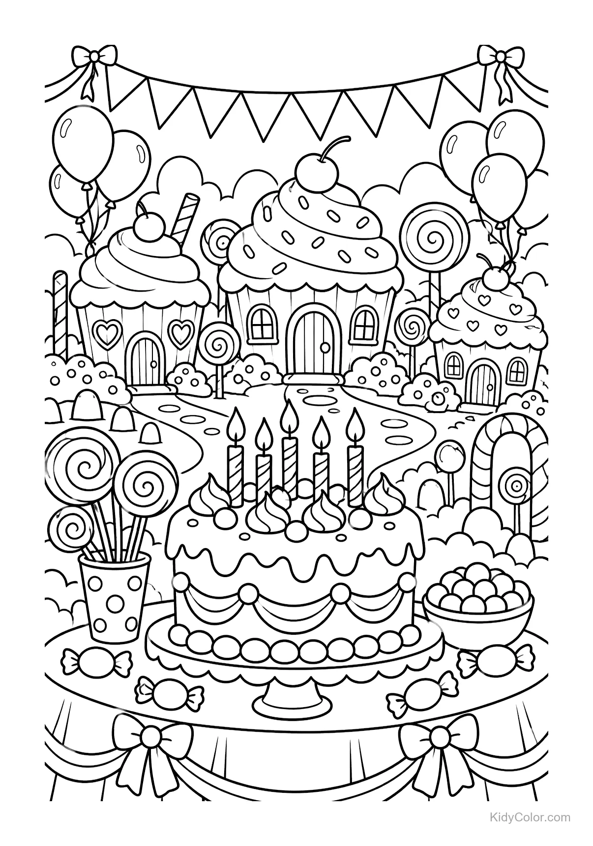 Pastel de cumpleaños con velas, rodeado de casas de dulces y globos.