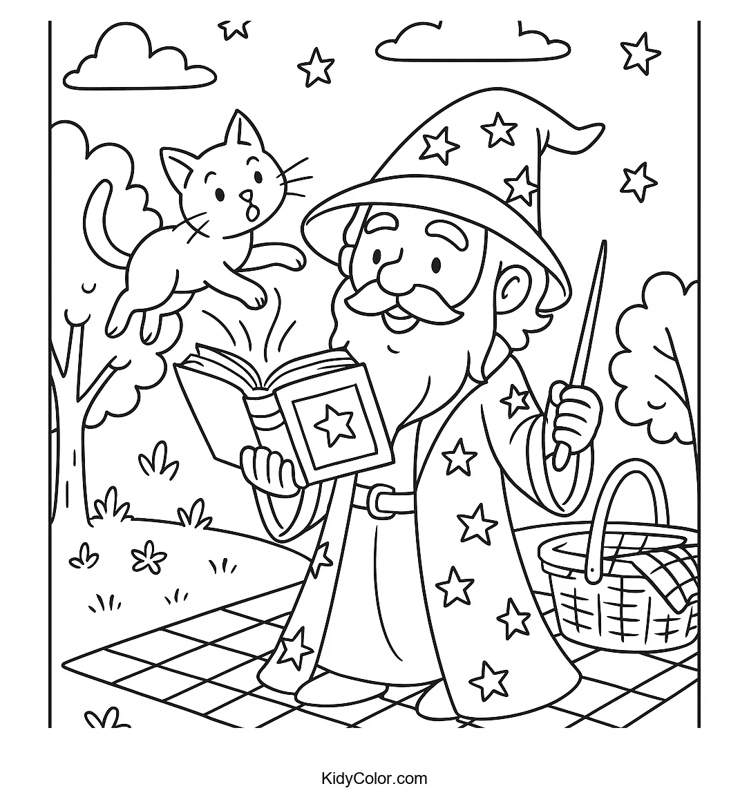 Coloring page of a picnic with a wizard.