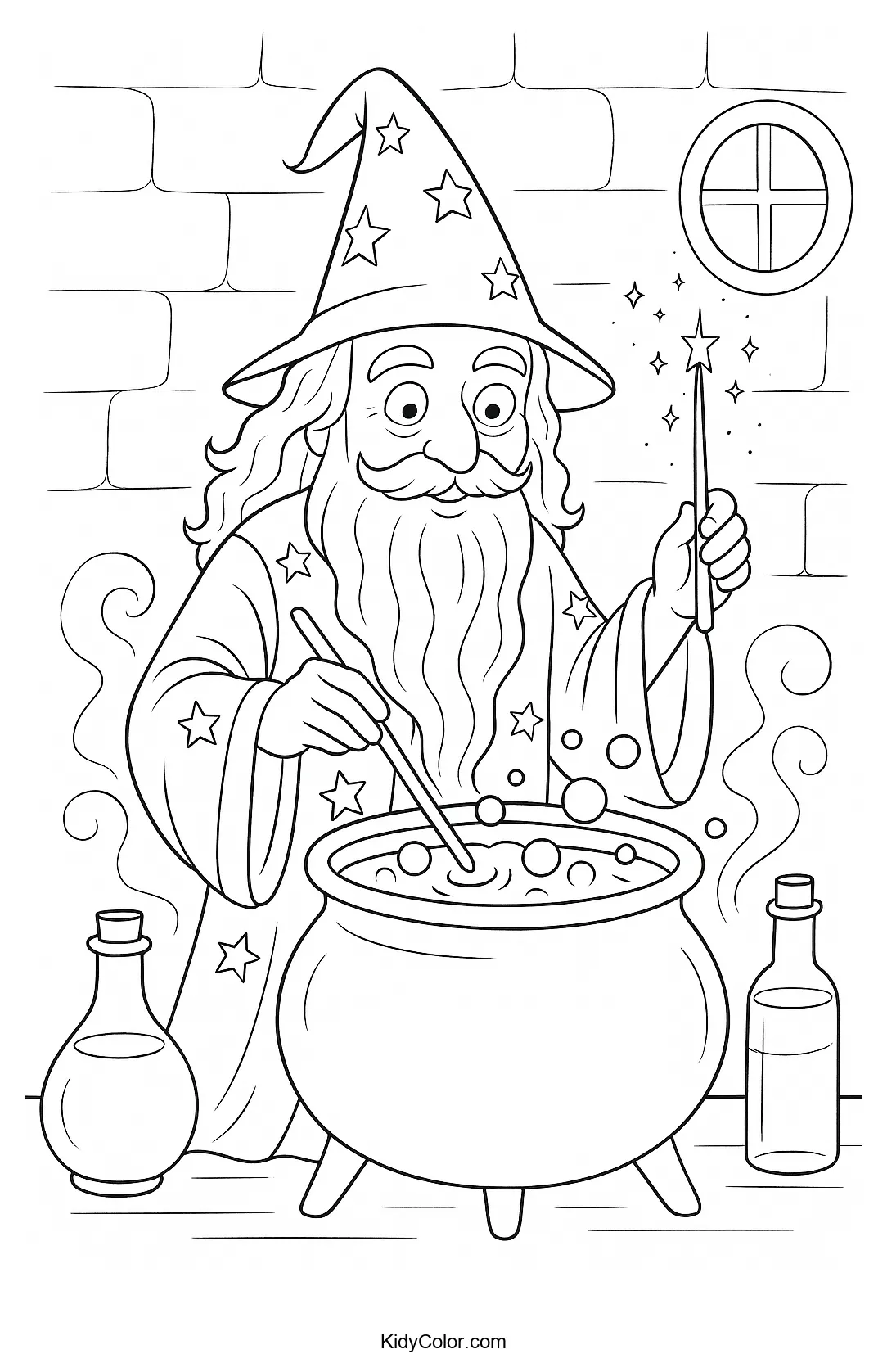 Wizard brewing potions with magical tools