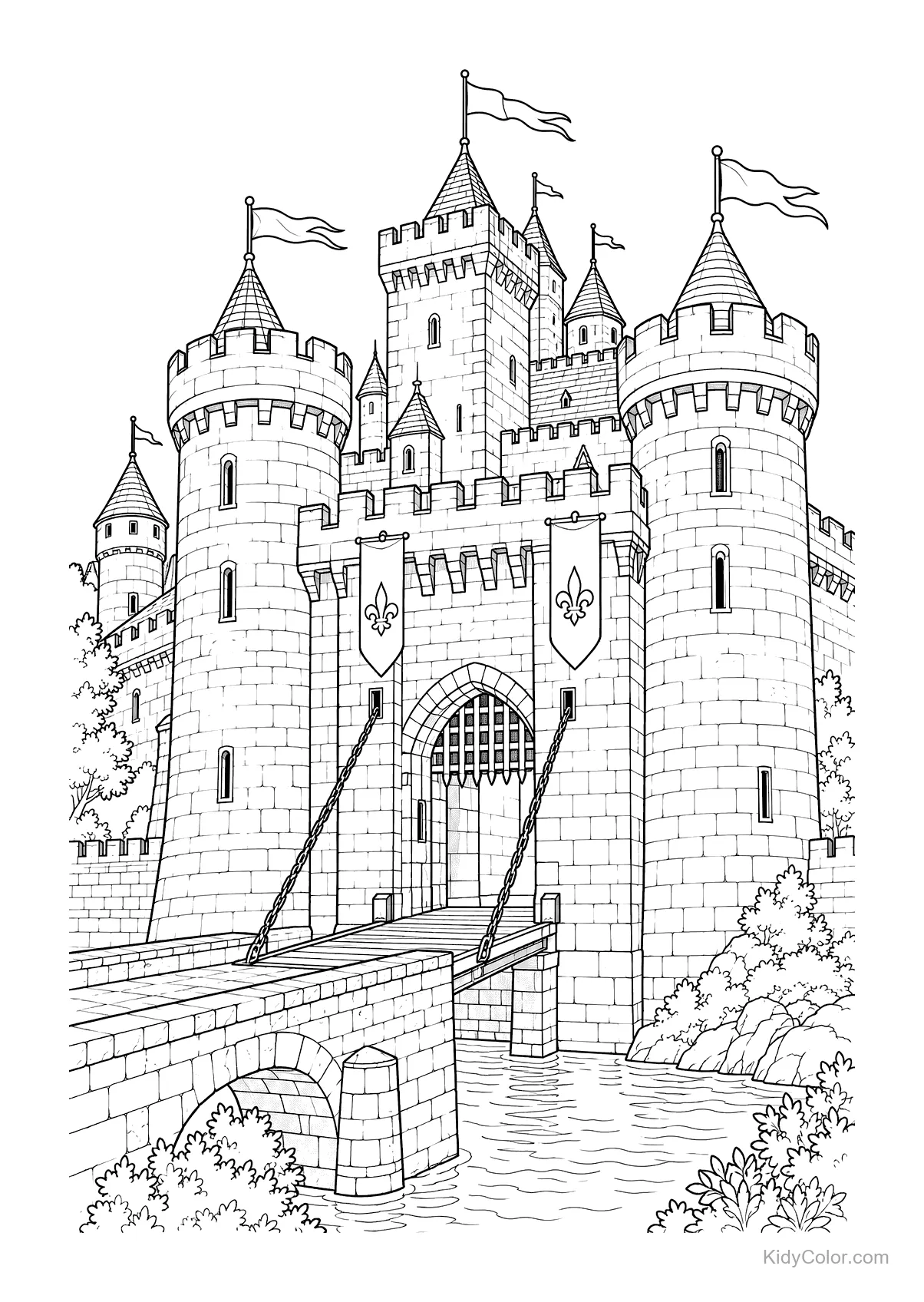 A medieval castle with a drawbridge over a moat and six towers.