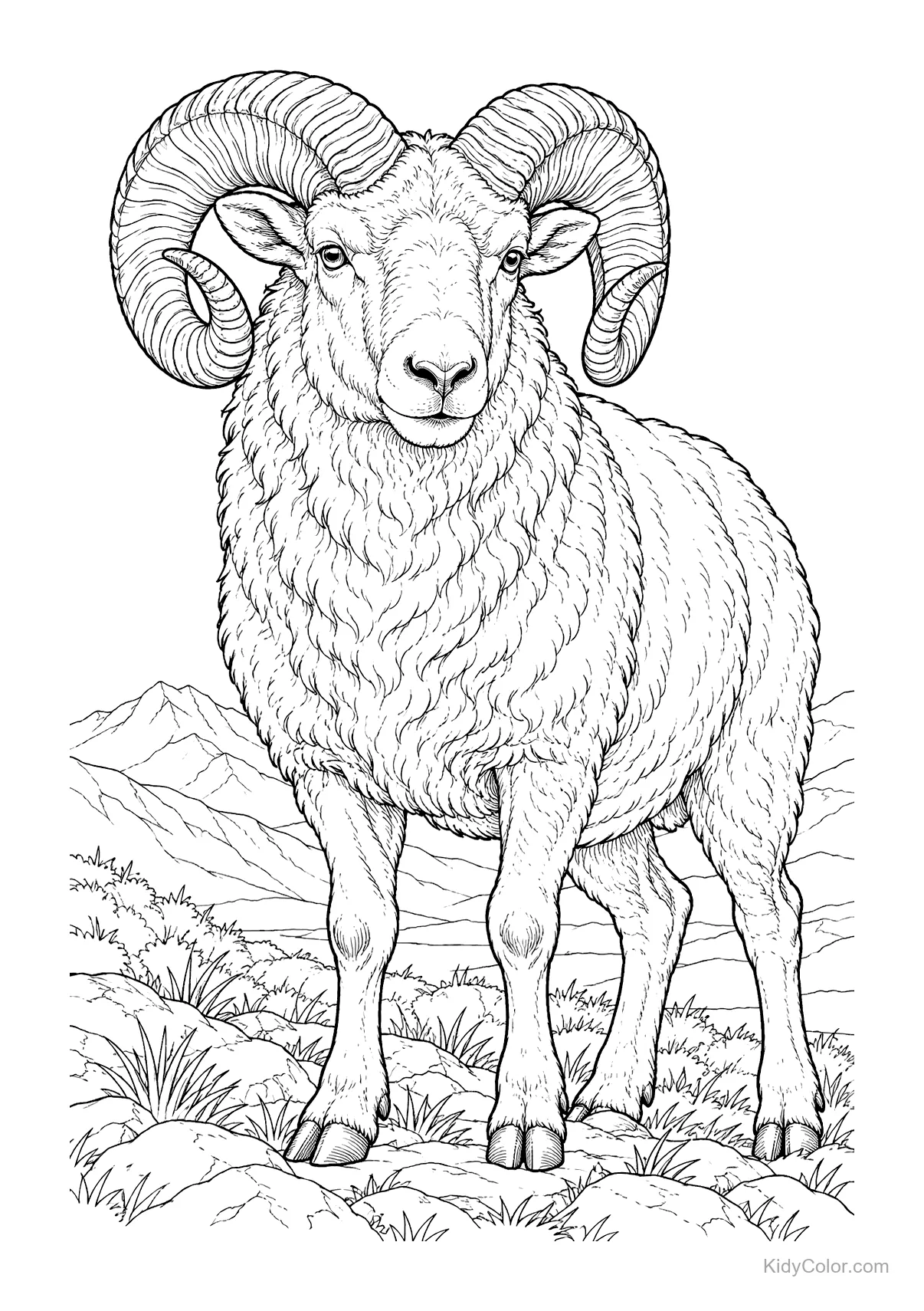 A majestic ram with curved horns in a mountain landscape.