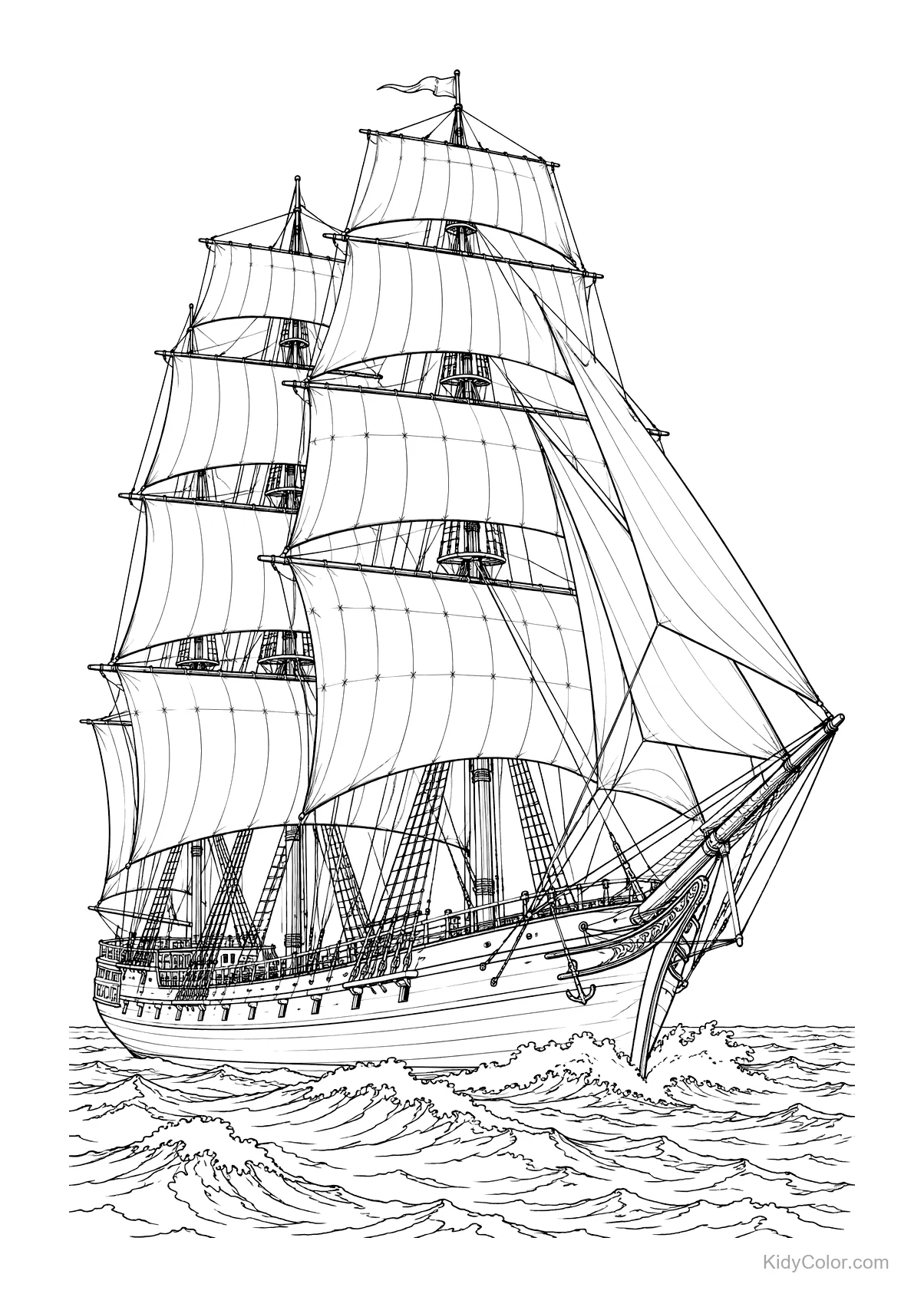 A tall ship with full sails moving through ocean waves.