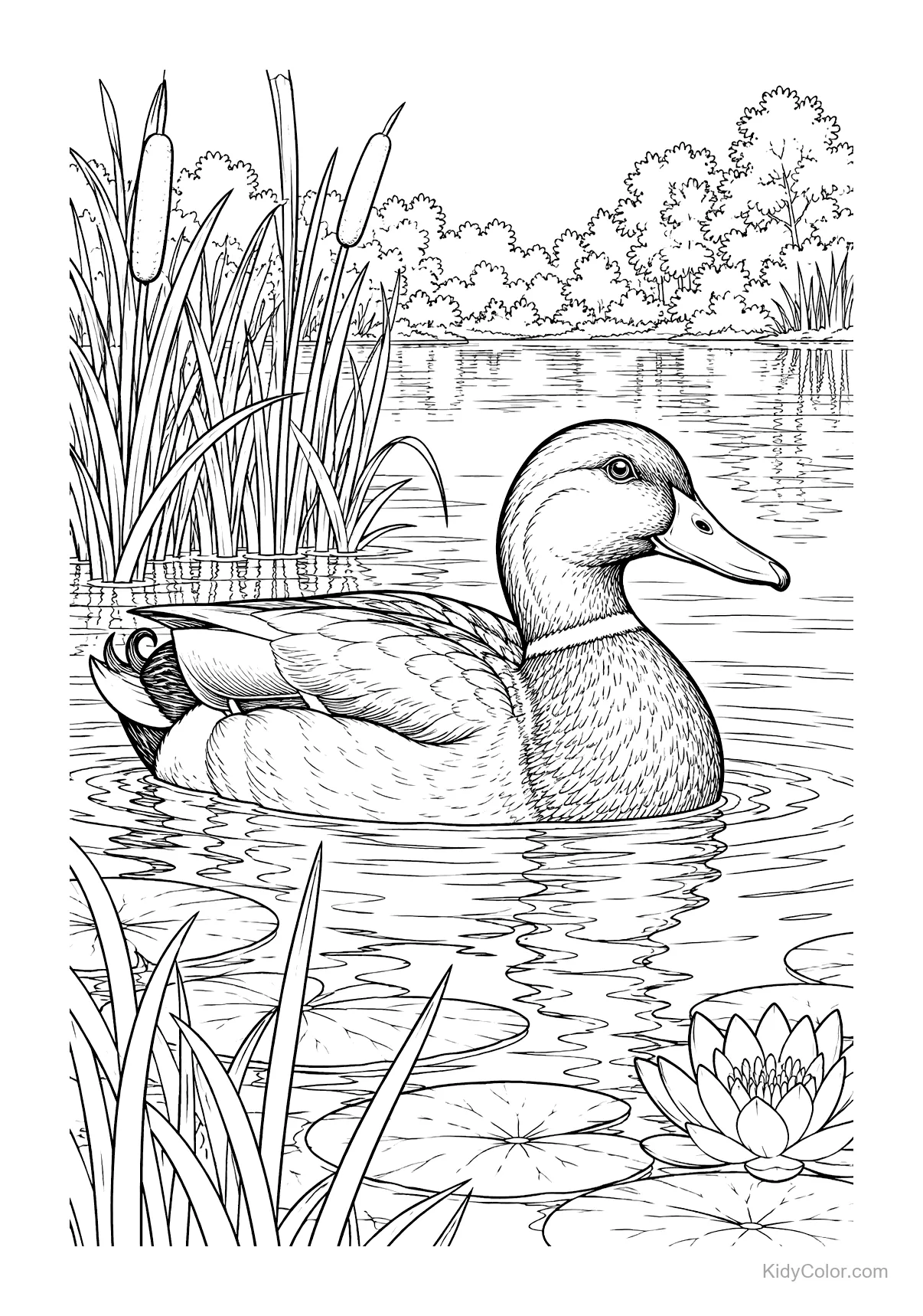 Mallard duck swimming in a pond with reeds and lily pads.