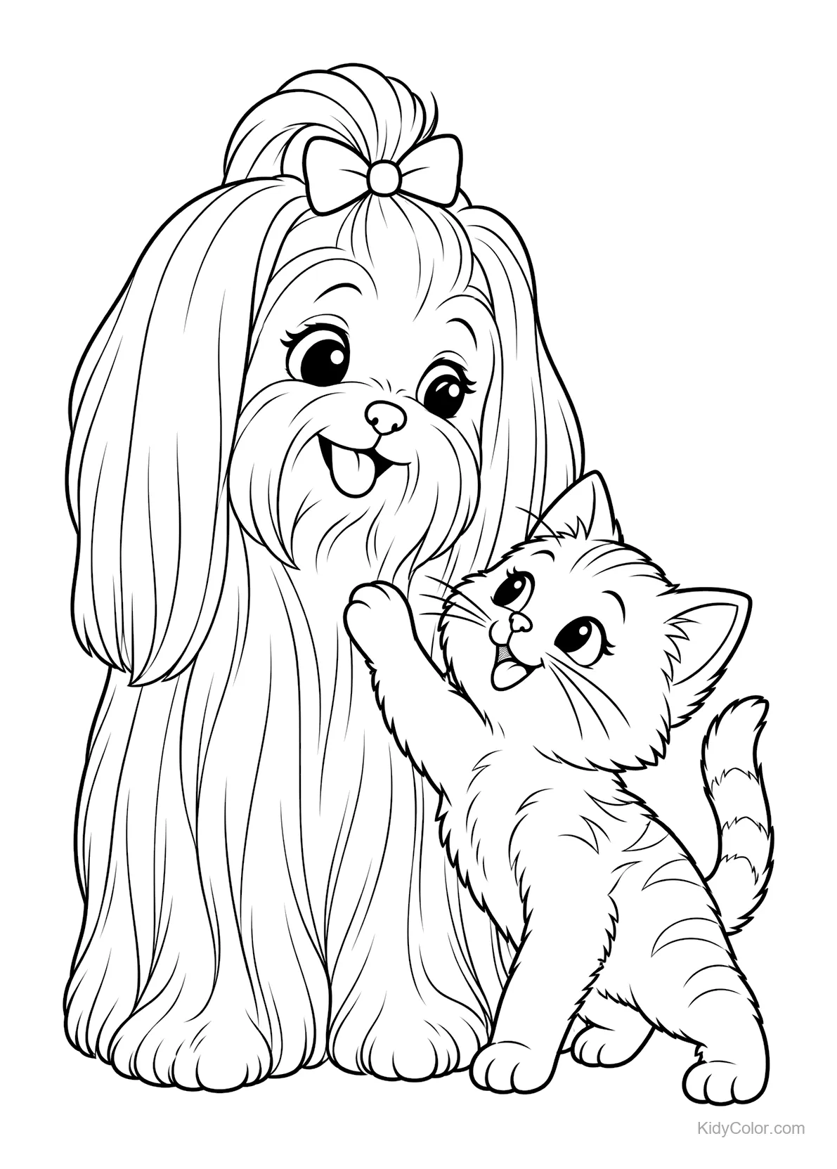 Een Maltese hond en een kitten die samen spelen en lachen.