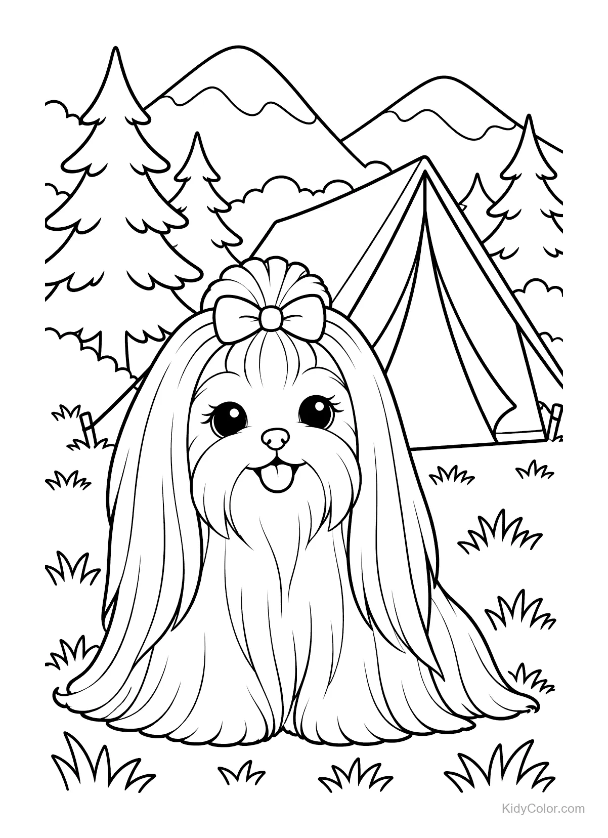 Maltese dog sitting in front of a tent with trees and mountains in the background.