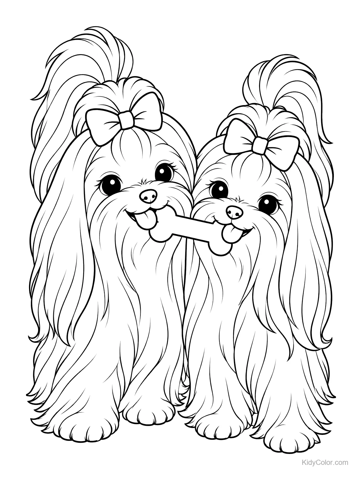 Two Maltese dogs with bows share a toy bone.