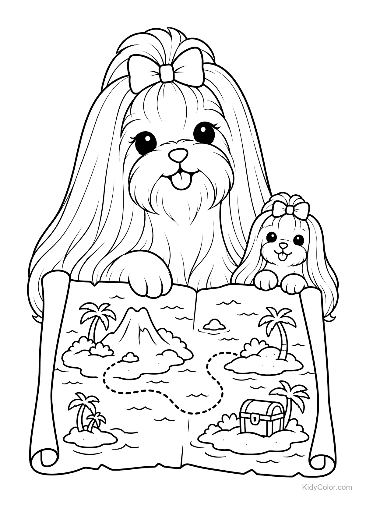 Maltese dog with a bow and puppy look at a treasure map.