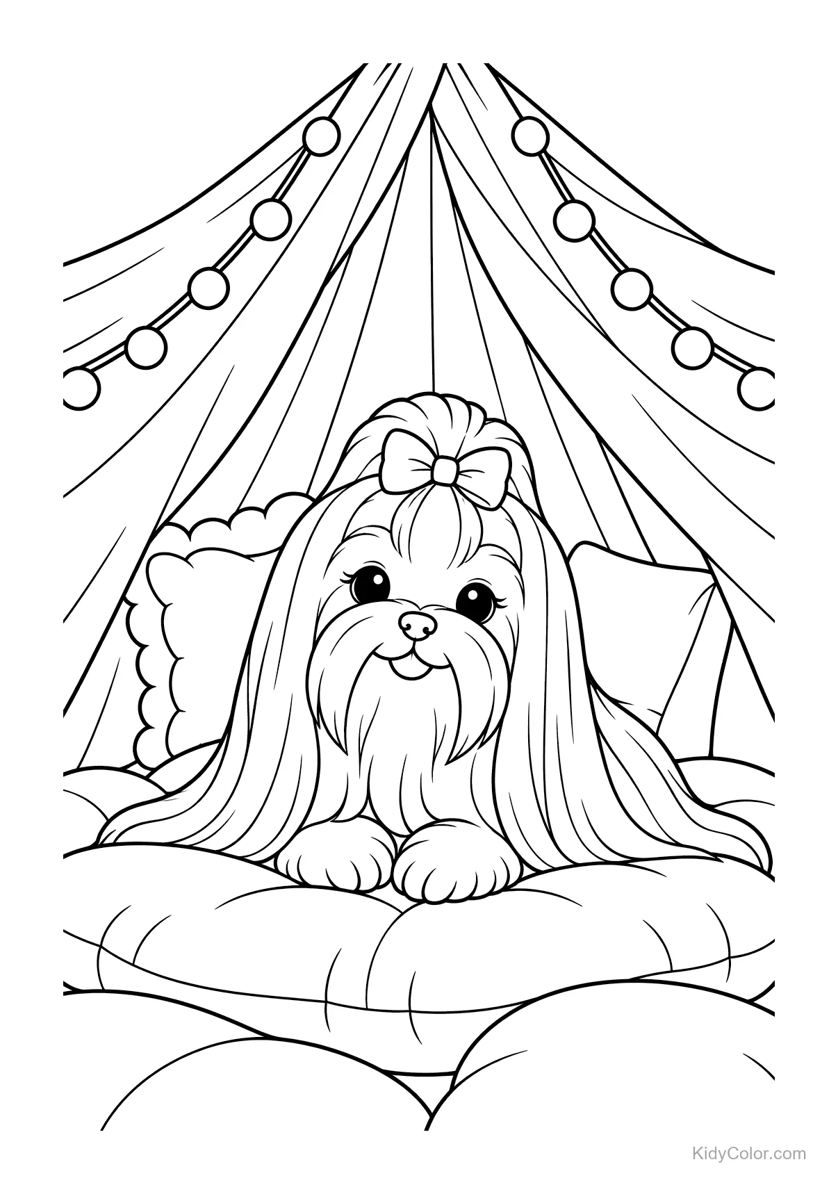 Maltese hond rustend in een dekenfort met kussens.