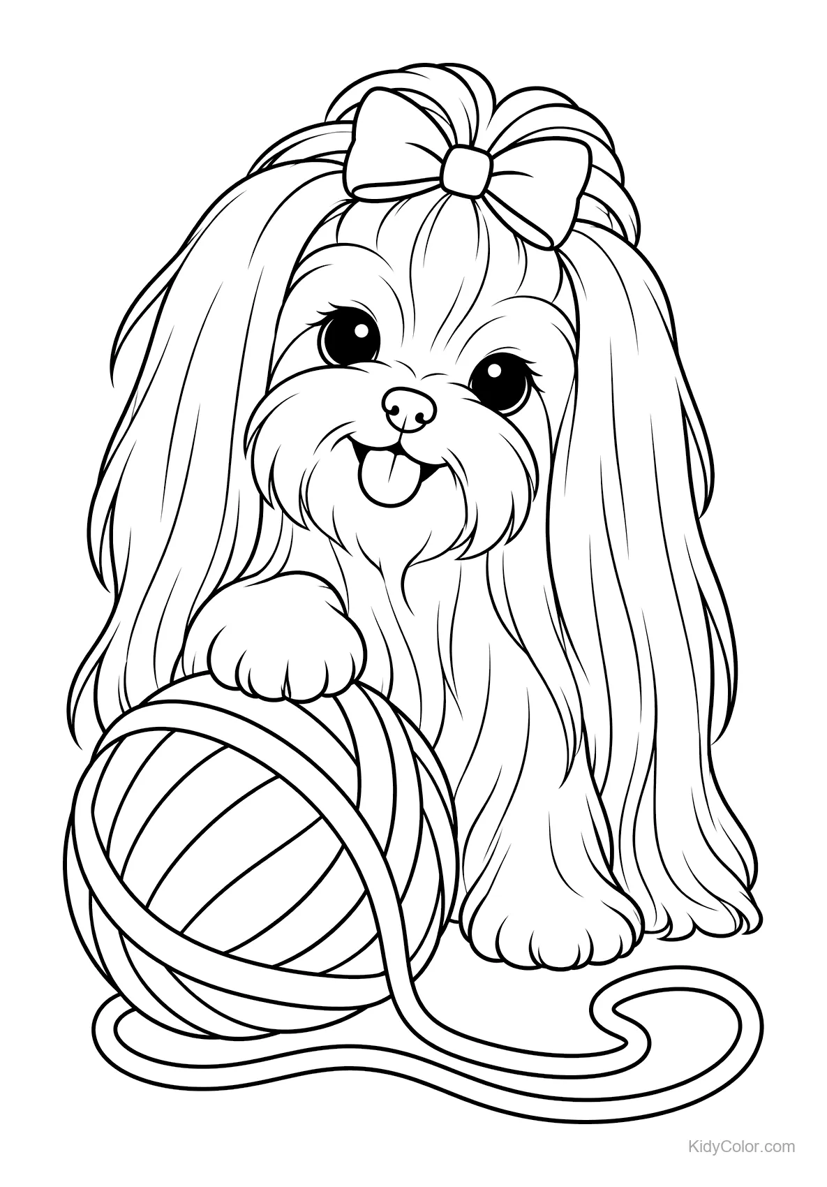 Maltese puppy with a bow playing with a ball of yarn.