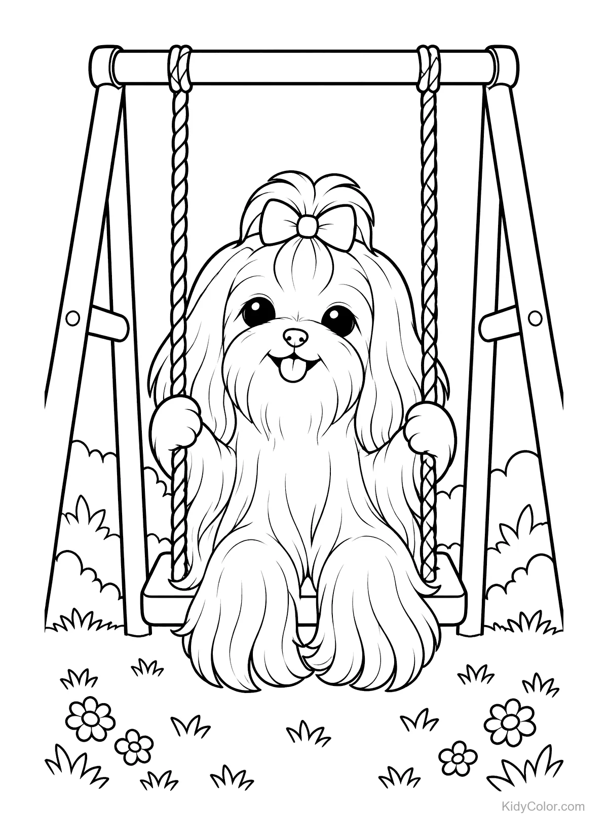 Maltese puppy sitting on a playground swing.
