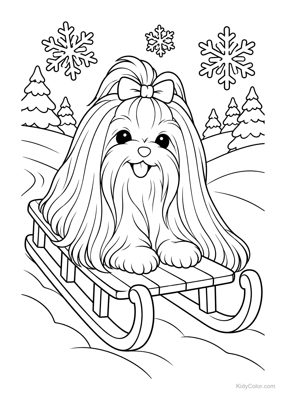 Maltese puppy sledding with snowflakes and trees around.