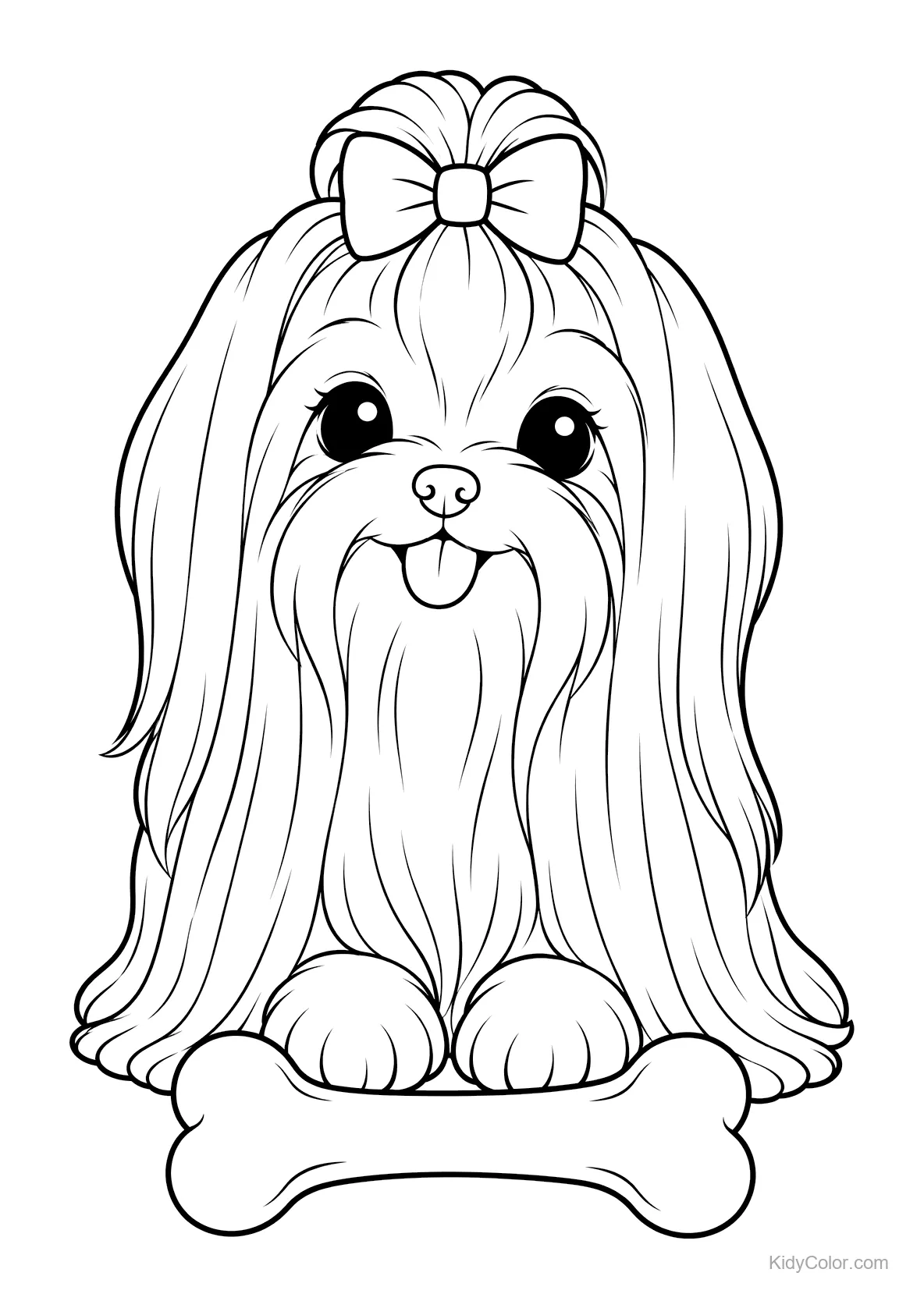 A Maltese puppy with long fur sits with a toy bone.