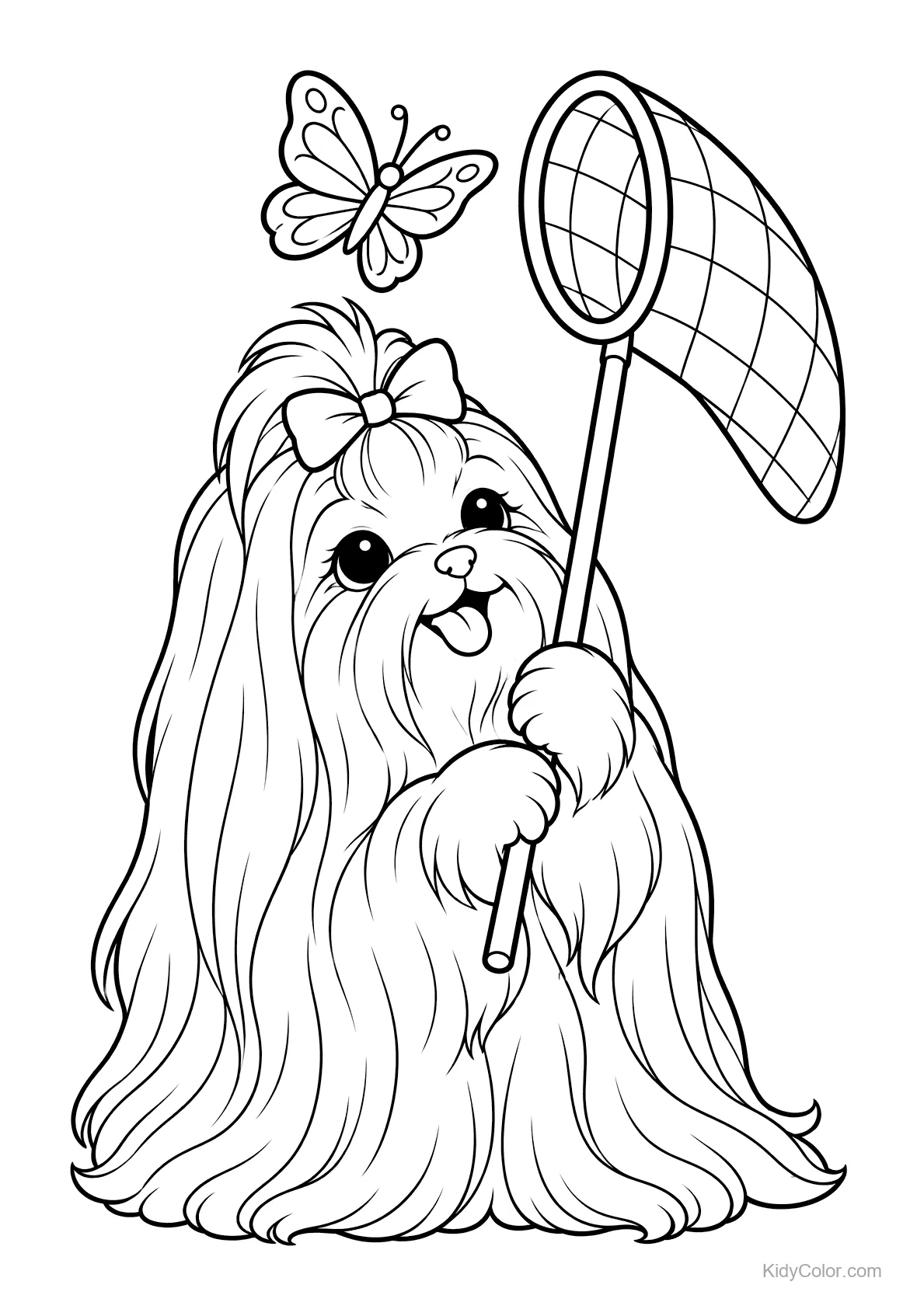 Maltese puppy holding a butterfly net with a butterfly above.