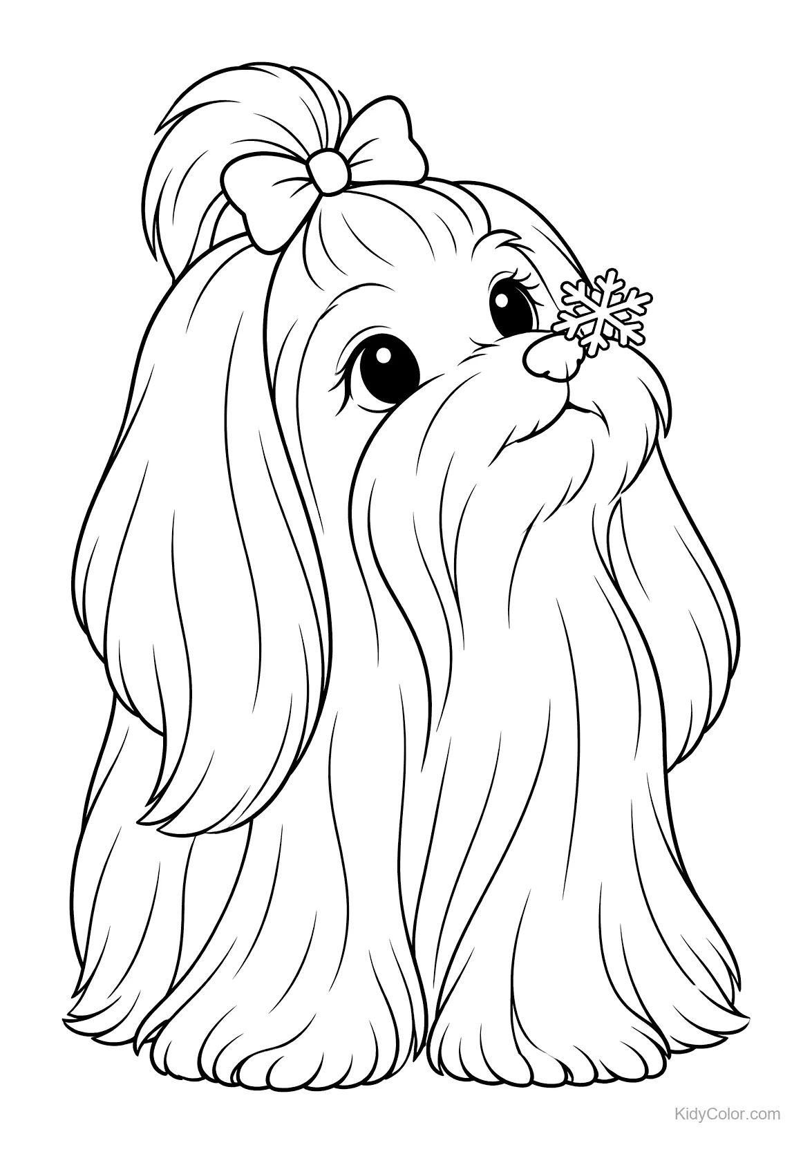 Maltese puppy with a bow and a snowflake on its nose.