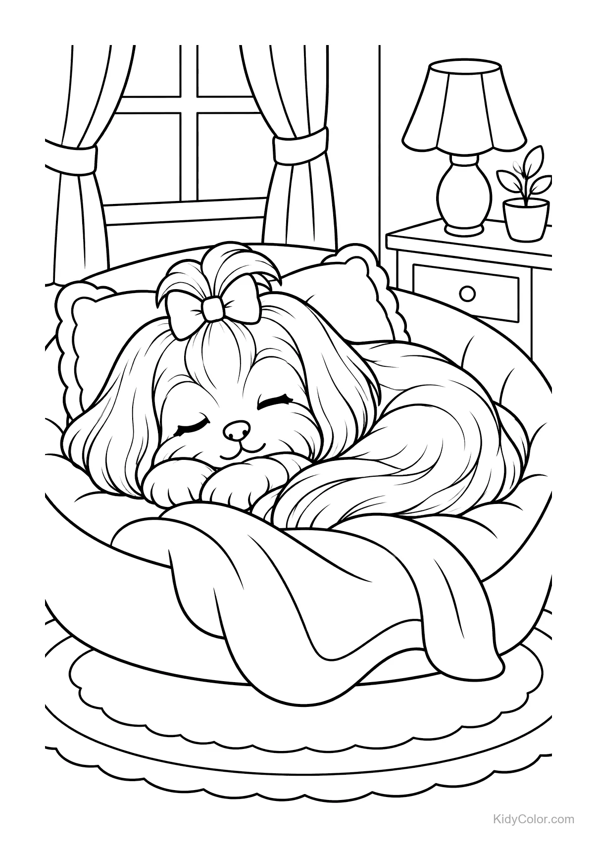 Maltese hond slaapt in een knus bed naast een tafeltje.