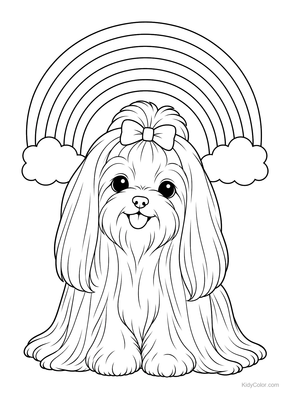 A Maltese dog with long fur sits under a rainbow with clouds.