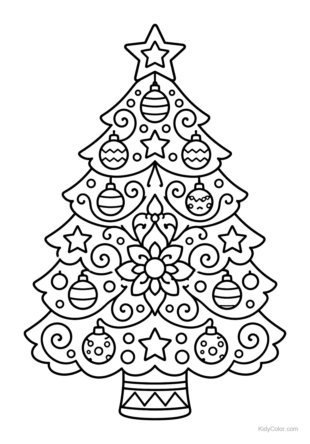 Árvore de Natal mandala decorada com enfeites e estrelas.