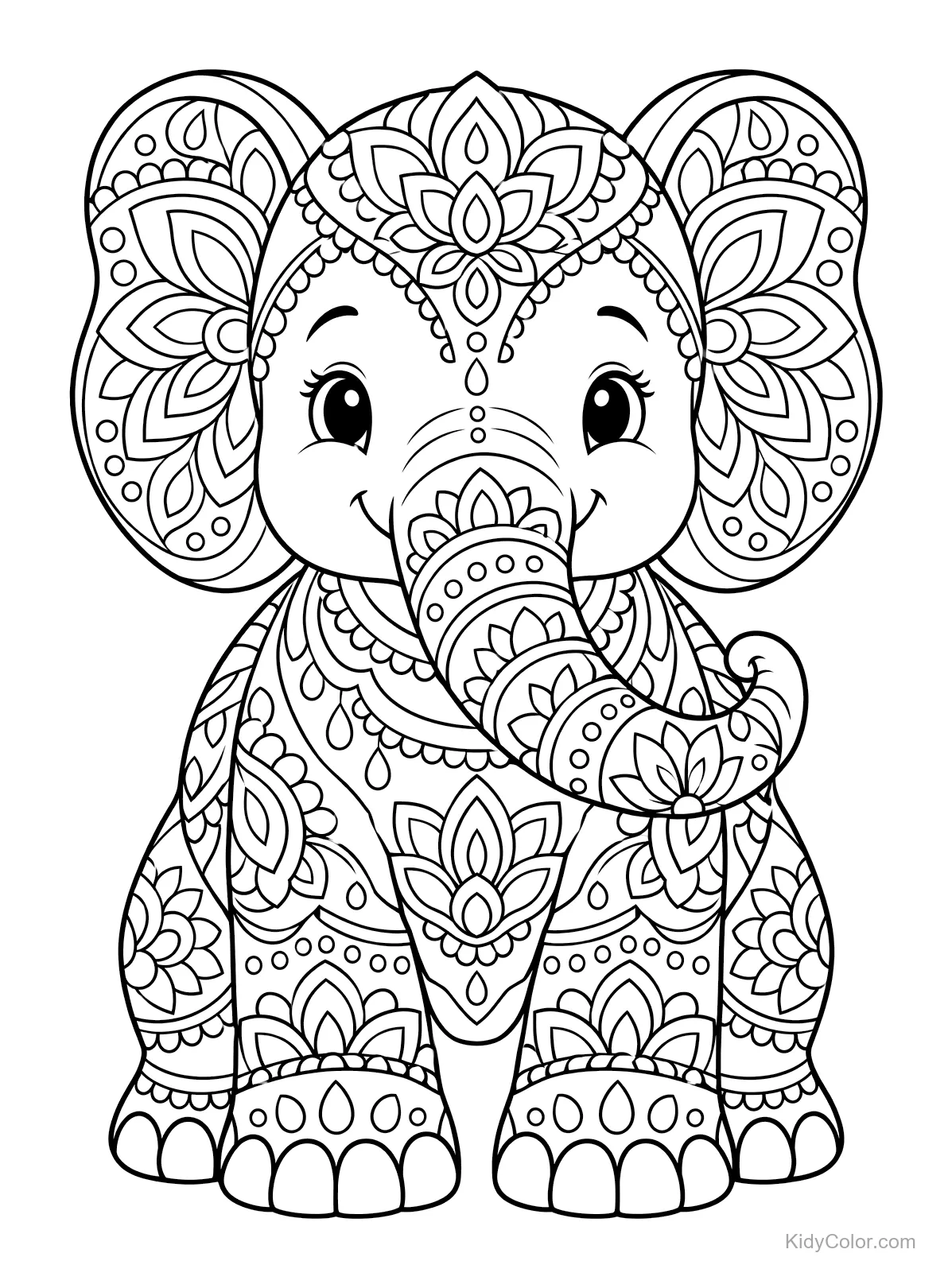 Schattige olifant met gedetailleerde mandala ontwerpen op zijn lichaam.