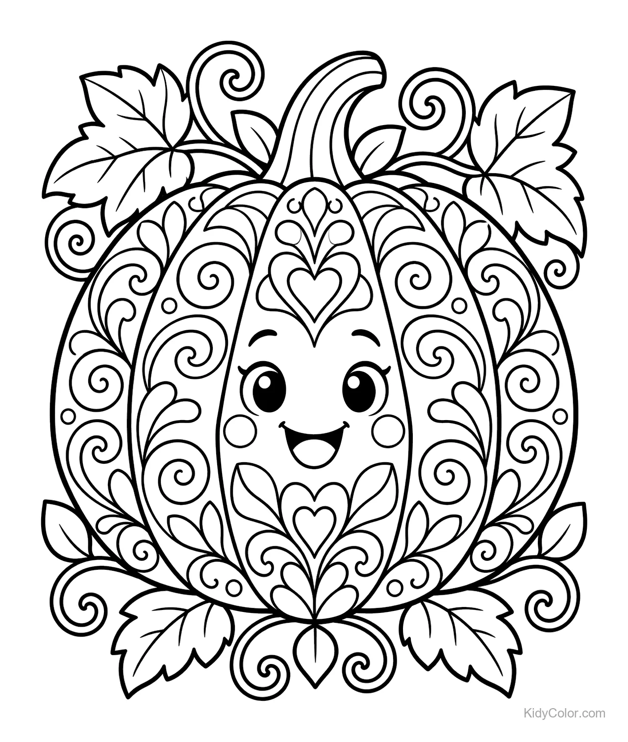 Abóbora em estilo mandala com cipós e rosto sorridente.