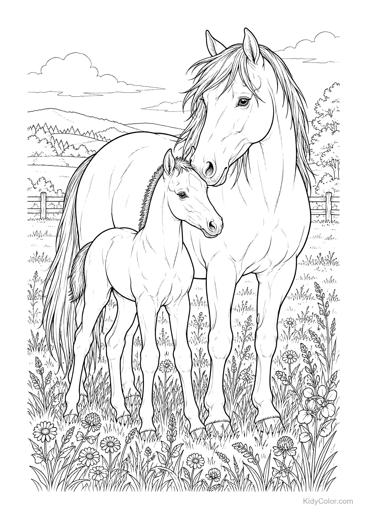 A mare and foal standing in a flower-filled meadow with a fence in the background.