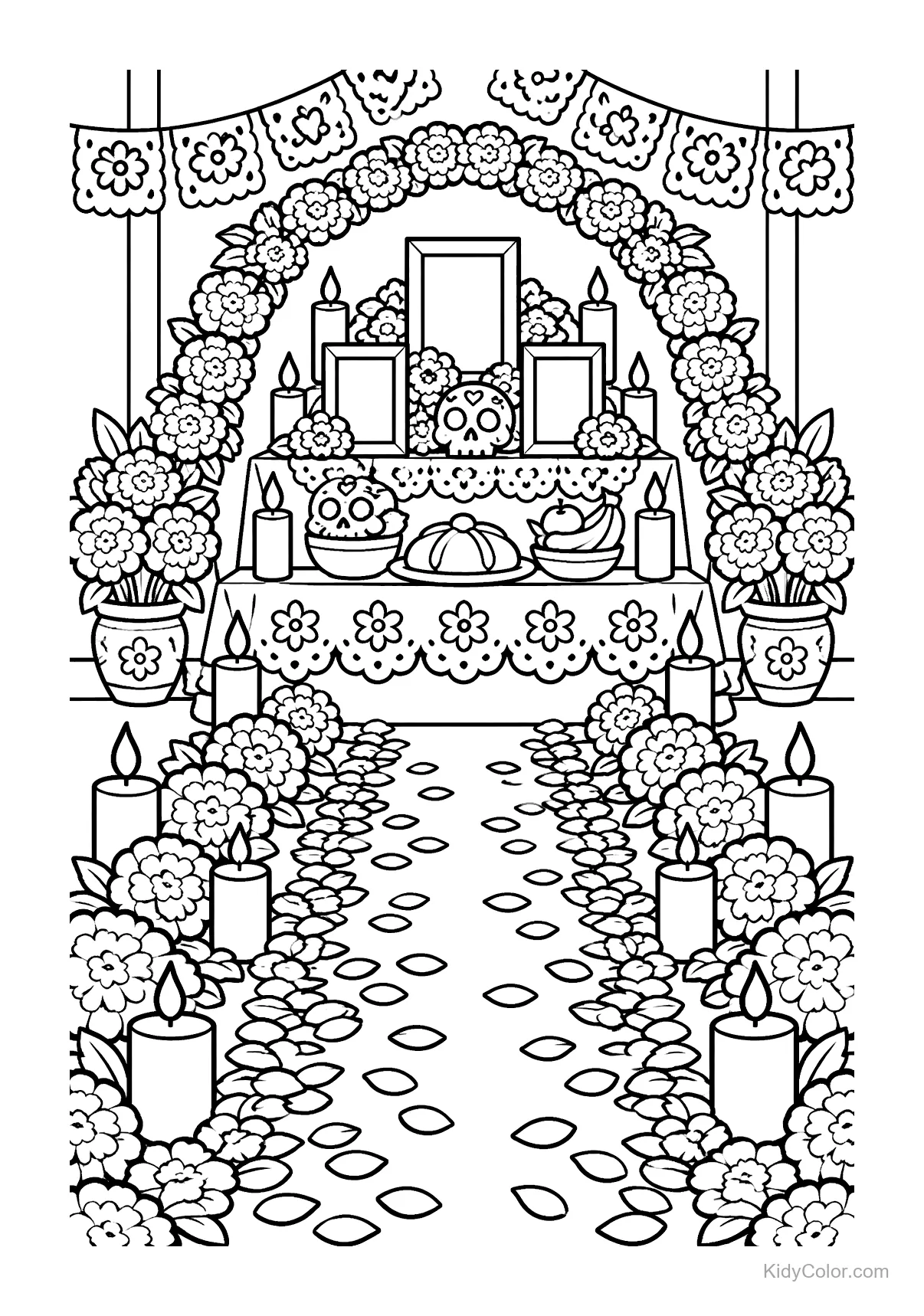Day of the Dead altar with flowers, candles, and offerings.