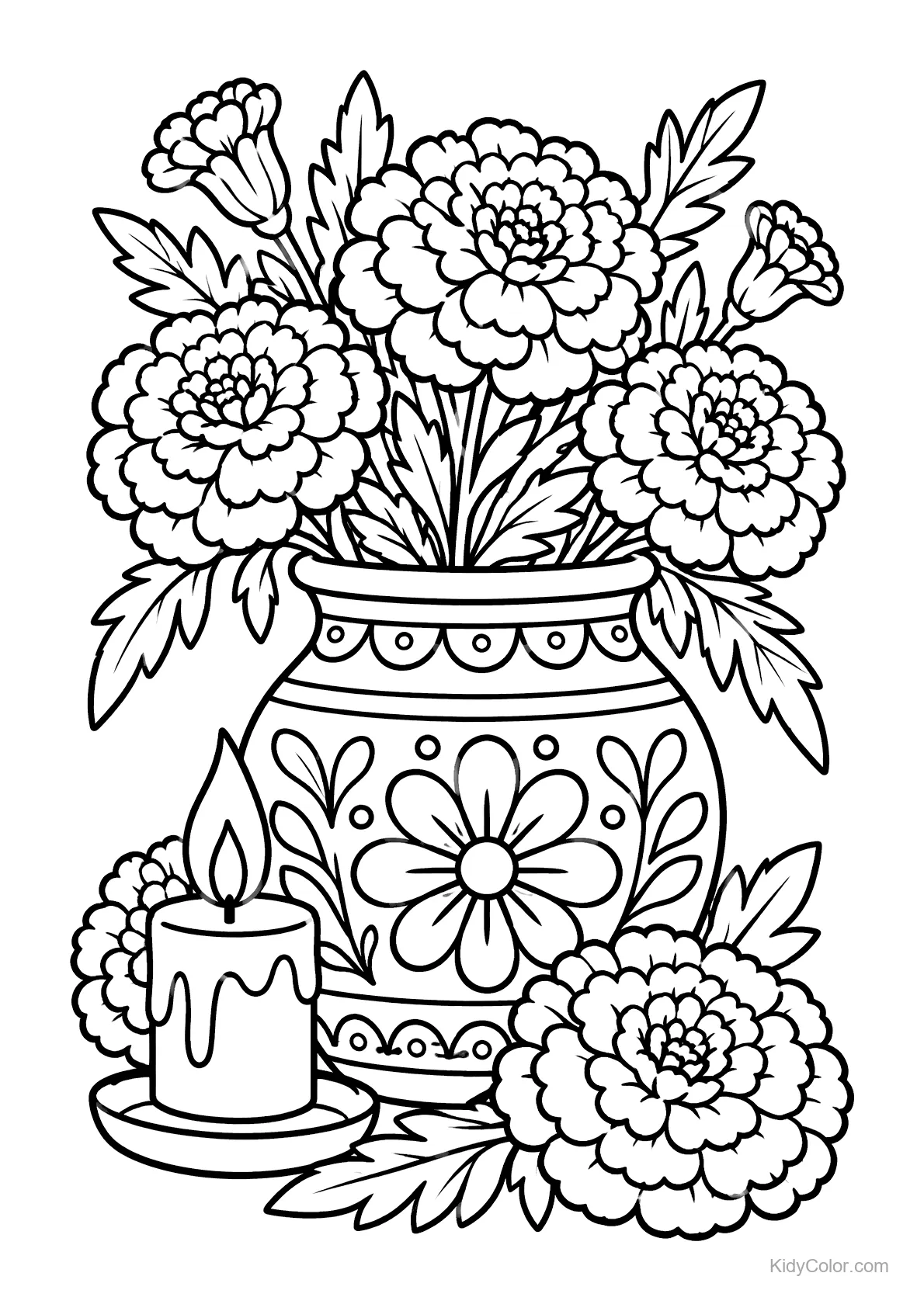 Ornate vase with marigolds and a lit candle beside it.