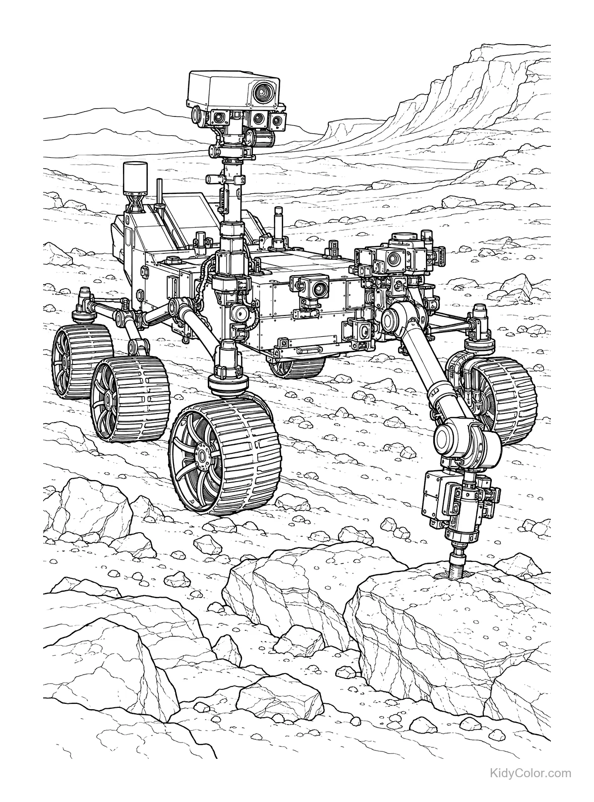 A Mars rover navigating rocky terrain with hills in the background.